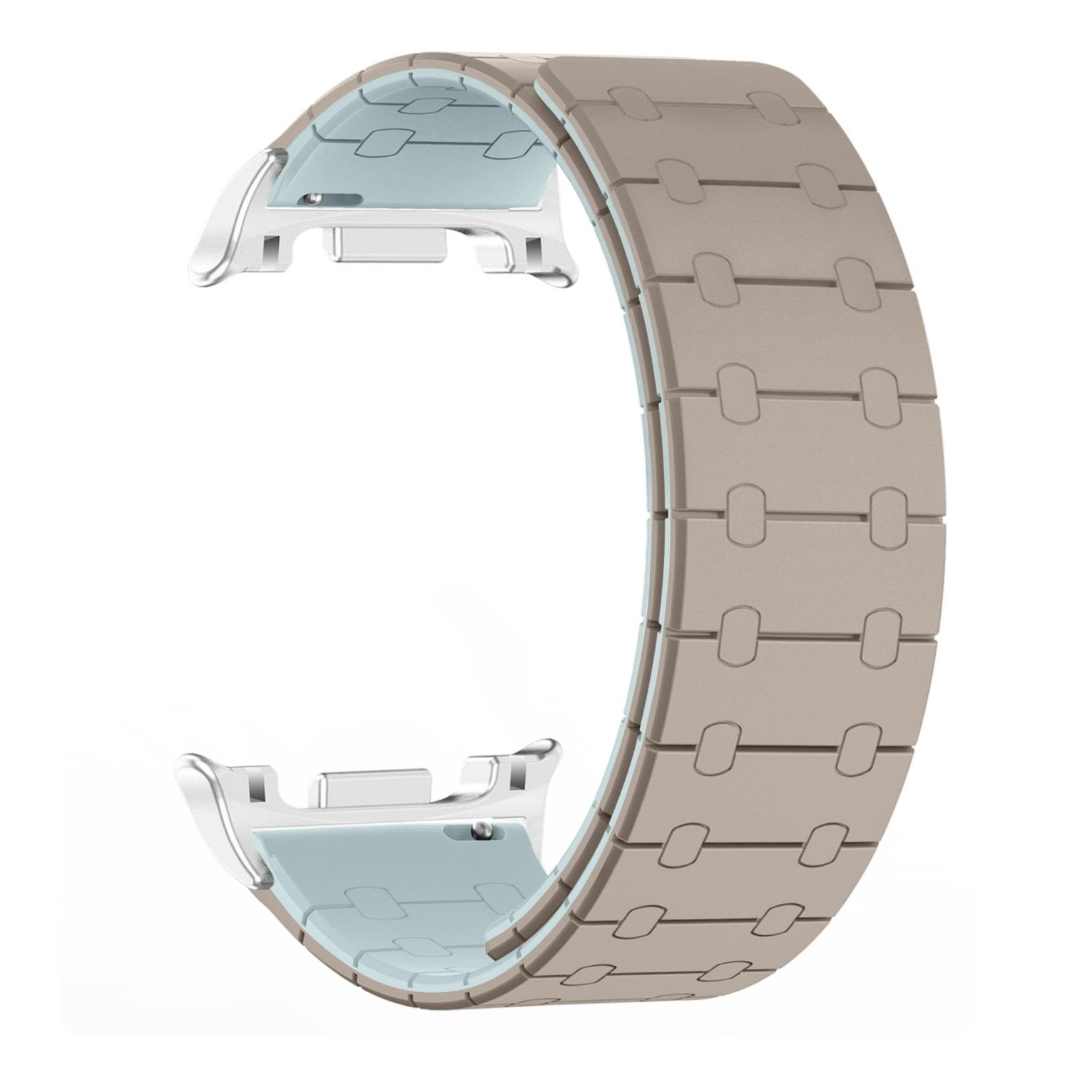 Cinturino per orologio con segmenti marrone chiaro e rivestimento interno azzurro, connettori argentati, sfondo bianco.