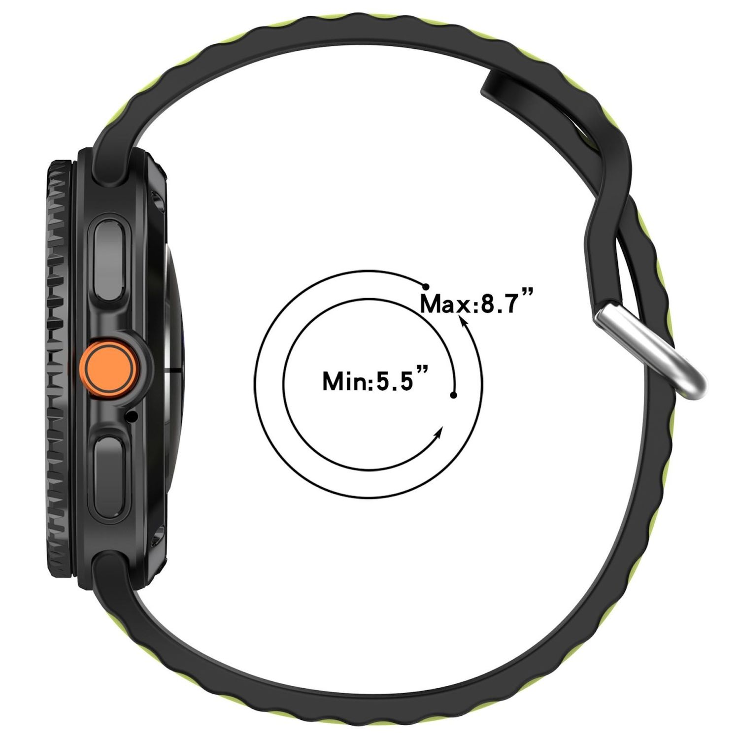 Eine schwarze Smartwatch mit grünem Armband, mit einer Größe von 5,5" bis 8,7". Mit orangefarbener Taste und silberner Schließe.