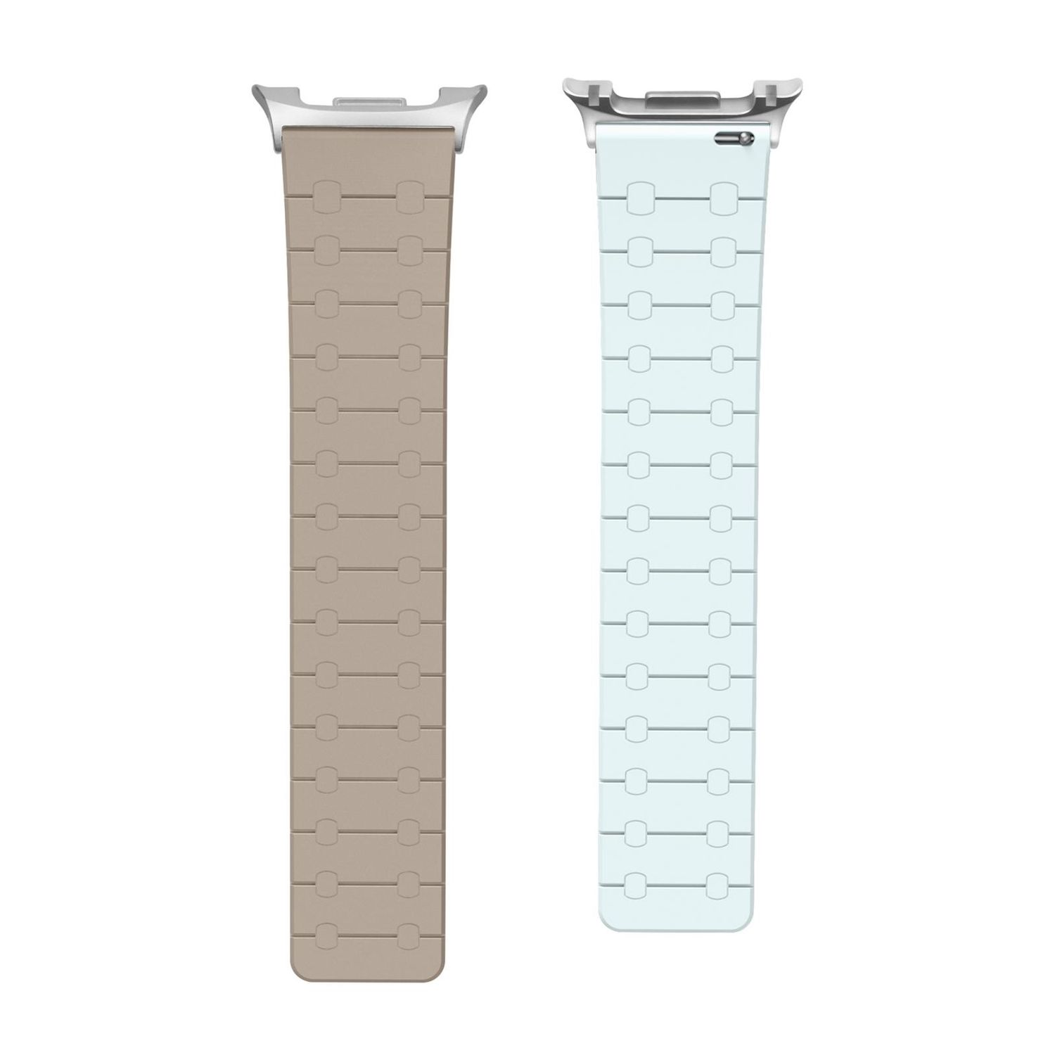 Due cinturini per orologi, uno beige, uno azzurro. Entrambi sono fatti di segmenti. I connettori argentati sono in alto.