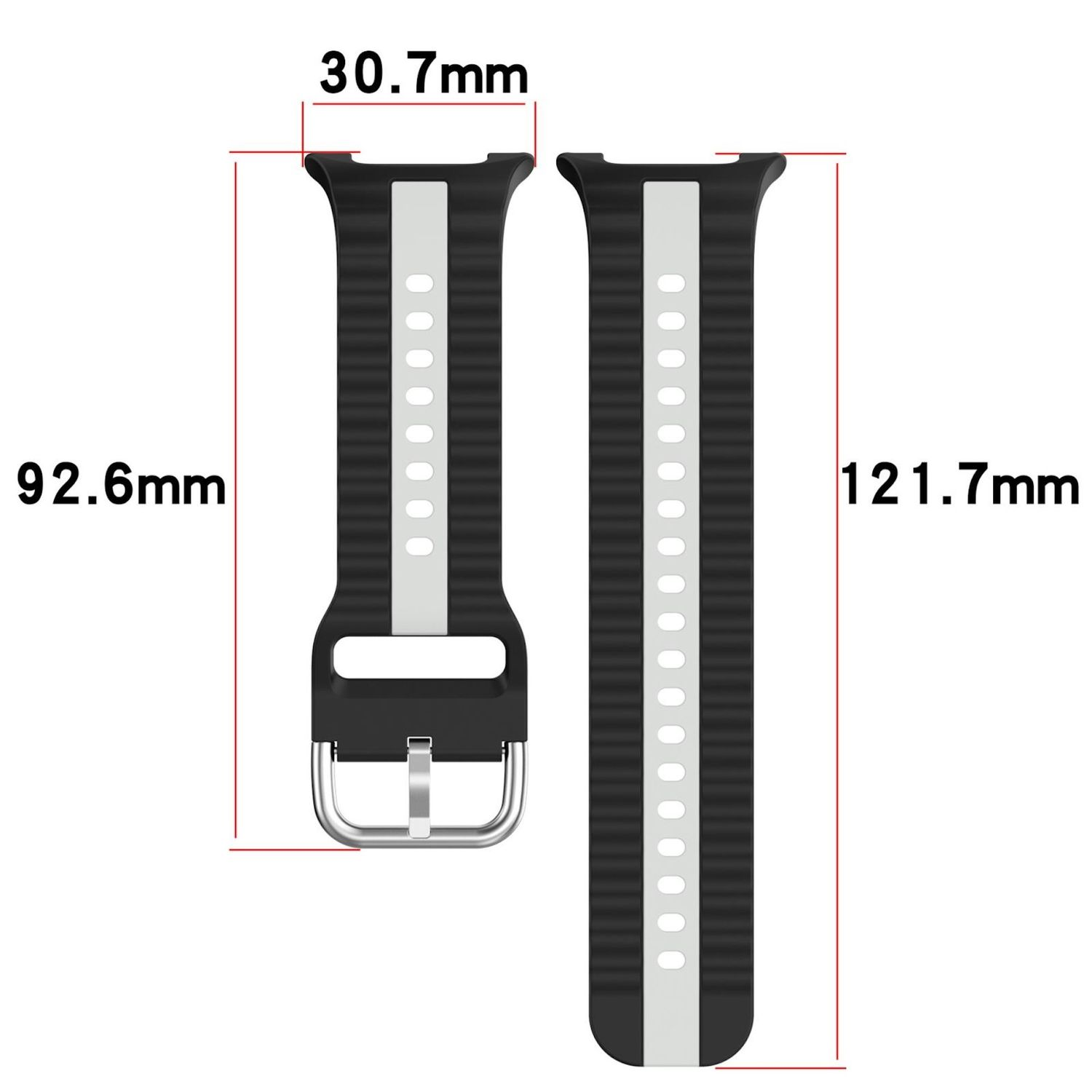 Zwei schwarze Armbänder mit weißen Streifen und Maßangaben. Ein Band hat eine Schnalle.