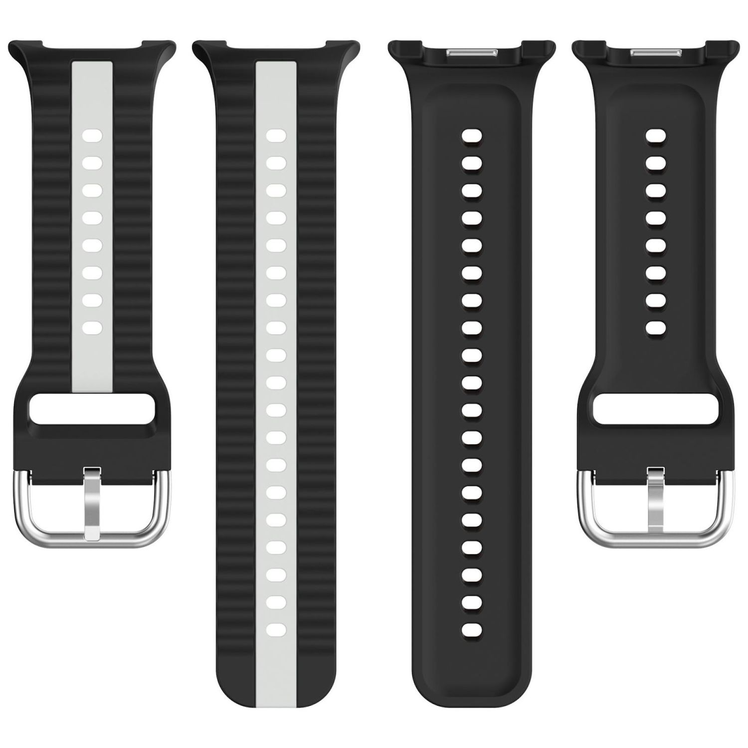 Vier Armbänder sind zu sehen. Zwei sind schwarz mit silbernen und weißen Streifen, zwei sind einfarbig schwarz mit Löchern. Schnallen sind sichtbar.