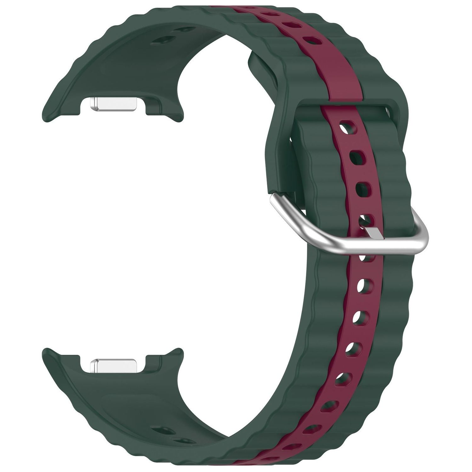 Dunkelgrünes Uhrenarmband mit burgunderroter Mitte. Es hat eine silberne Schnalle. Das Armband hat wellenförmige Kanten.