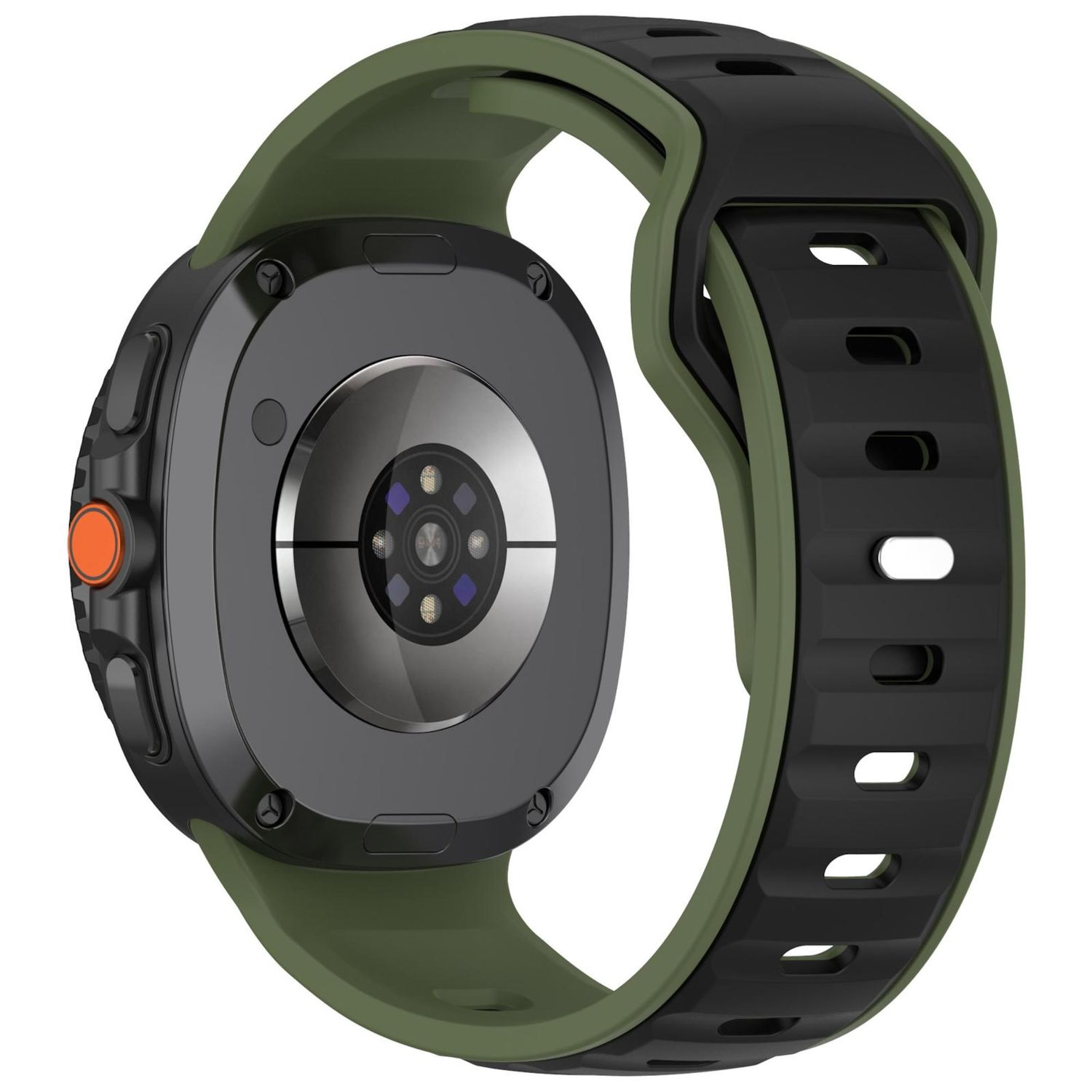 Nahaufnahme einer Smartwatch. Schwarzes Zifferblatt mit grünem und schwarzem Armband. Orangefarbene Taste an der Seite. Herzfrequenzsensor auf der Rückseite.
