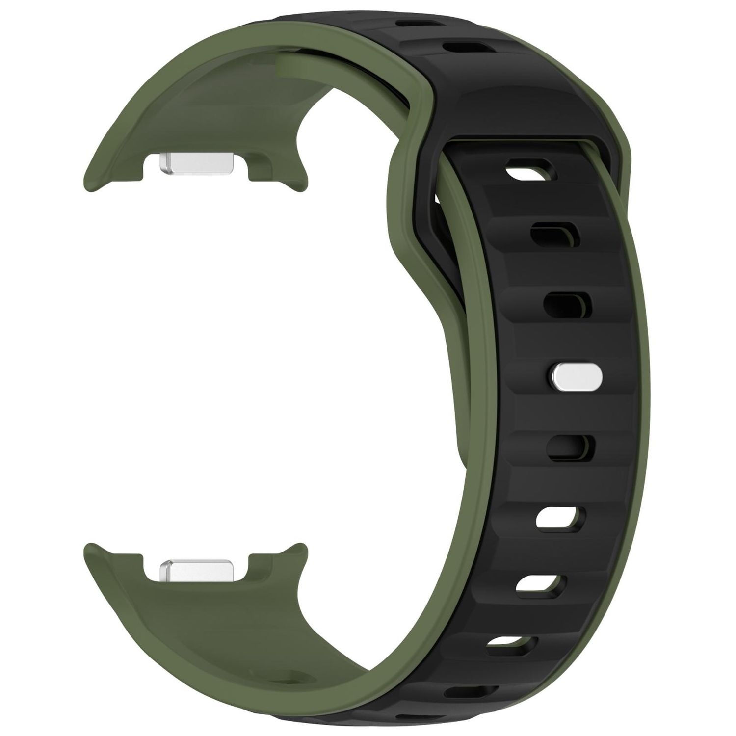 Ein gebogenes Uhrenarmband in Grün und Schwarz. Das Armband hat einen schwarzen Mittelteil mit Löchern und einen grünen Außenrand.