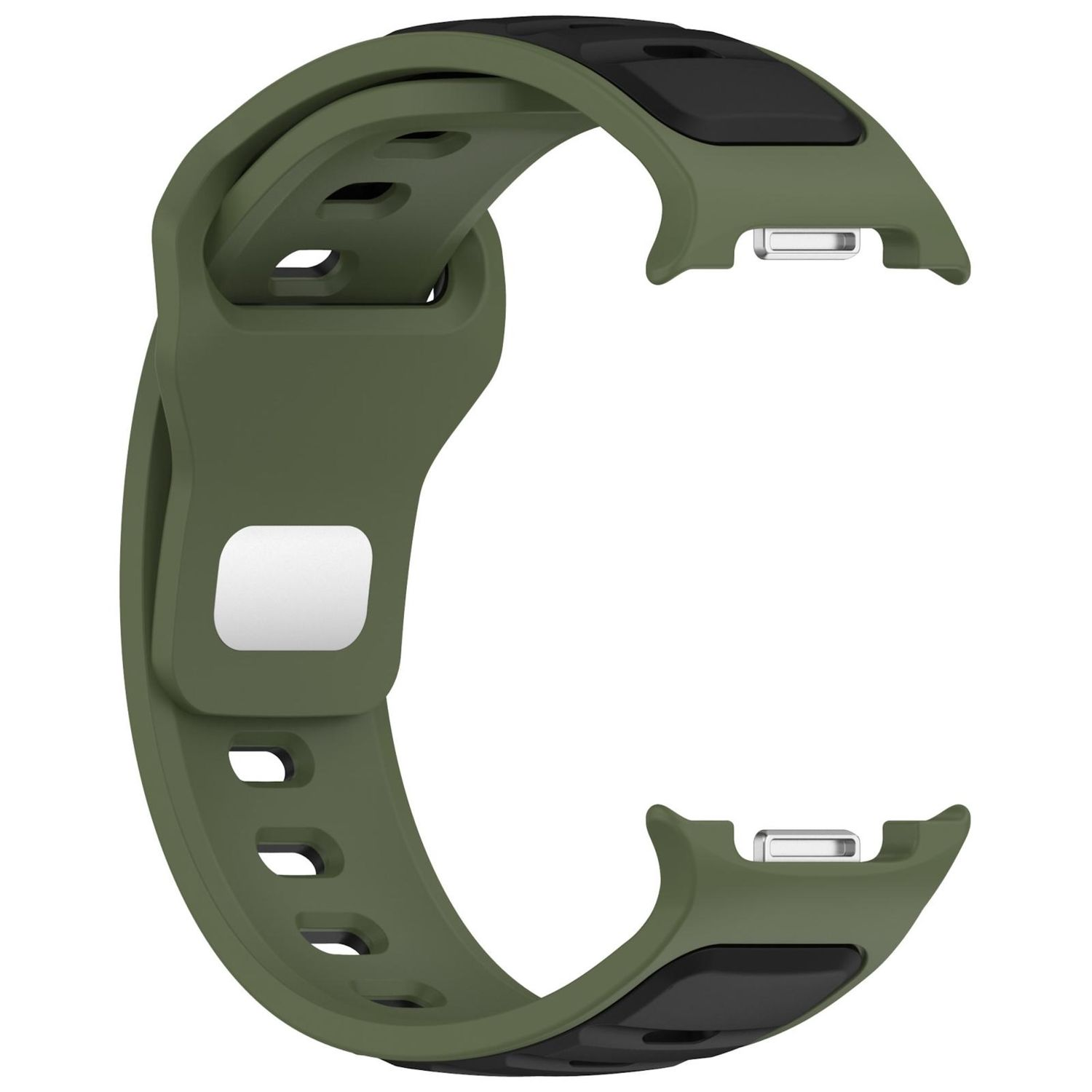 Ein grünes und schwarzes Uhrenarmband wird gezeigt. Das Armband hat eine C-Form mit silbernen Metallteilen und mehreren Löchern entlang des Bandes.