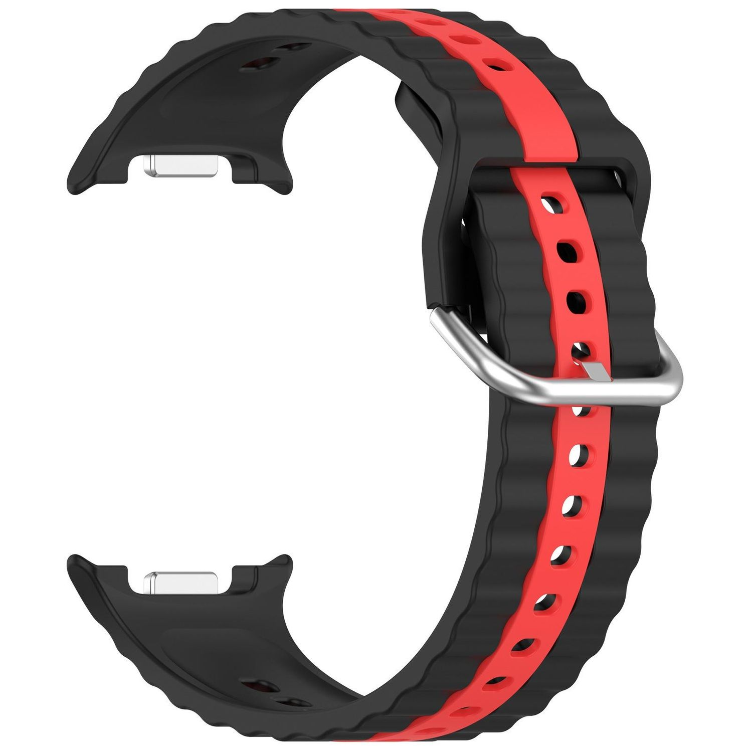Schwarzes und rotes Uhrenarmband. Das Band hat ein strukturiertes Design mit einem roten Streifen in der Mitte und einer silbernen Schnalle.