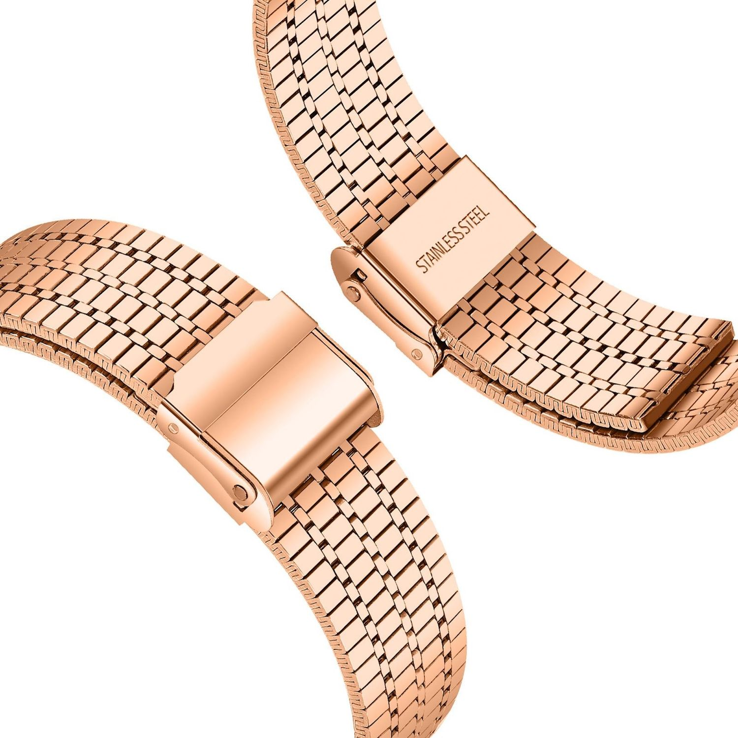 Nahaufnahme von Teilen eines roségoldenen Uhrenarmbands, die Verschluss und die Aufschrift 'STAINLESS STEEL' zeigen. Das Band hat ein gewebtes Metalldesign.