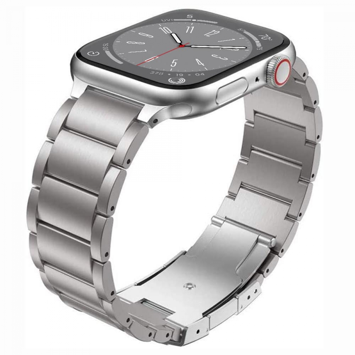 Eine silberne Smartwatch mit Metallarmband, das Zifferblatt zeigt die Uhrzeit. Die Uhr befindet sich auf weißem Hintergrund.