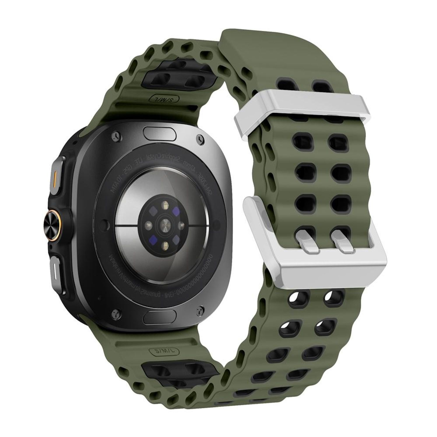 Eine Smartwatch mit grünem Armband. Das Zifferblatt ist schwarz mit silbernen Akzenten. Das Armband hat eine Schnalle und Löcher.