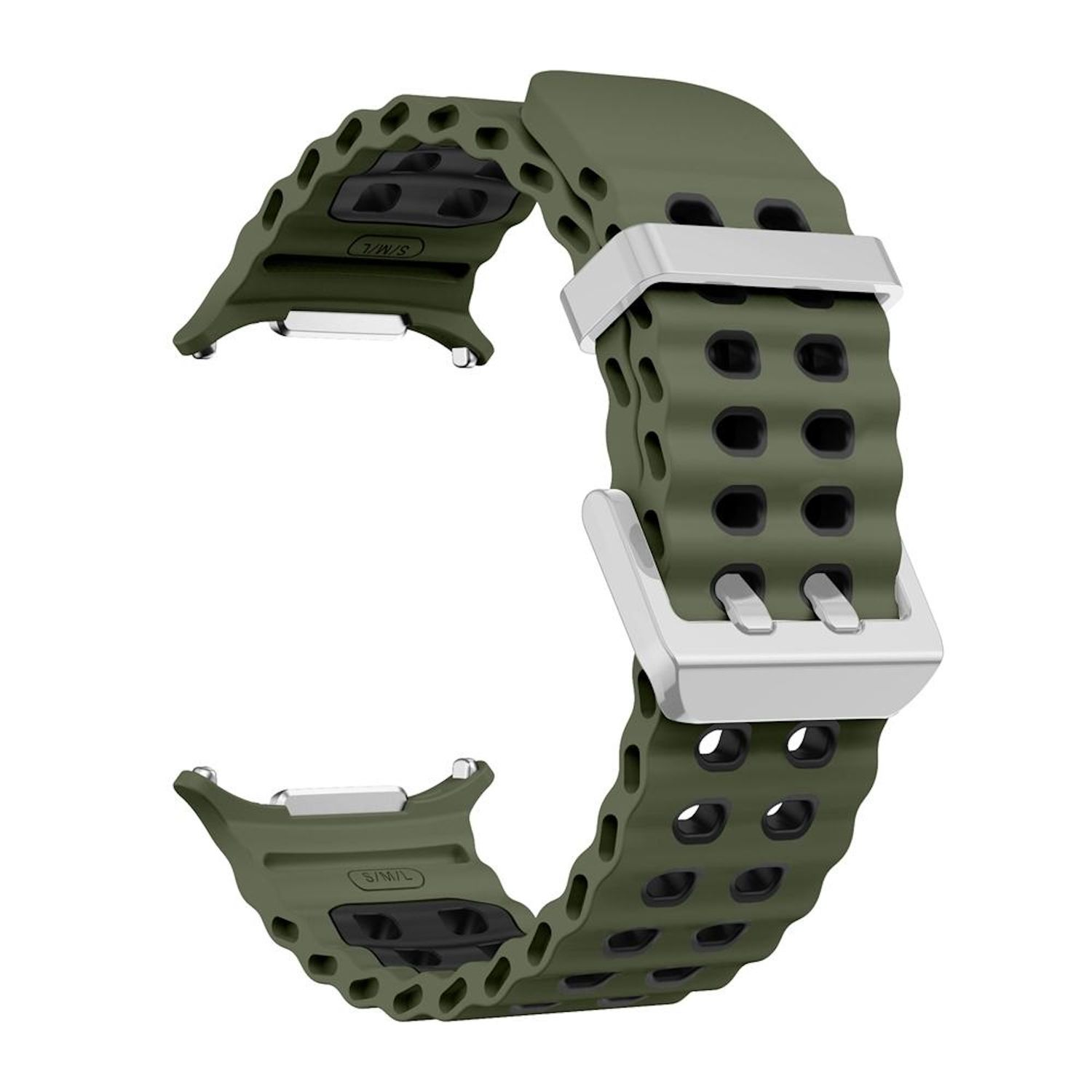 Grünes Uhrenarmband mit silberner Schnalle. Perforiertes Design. S/M/L-Markierungen an den Bandenden.