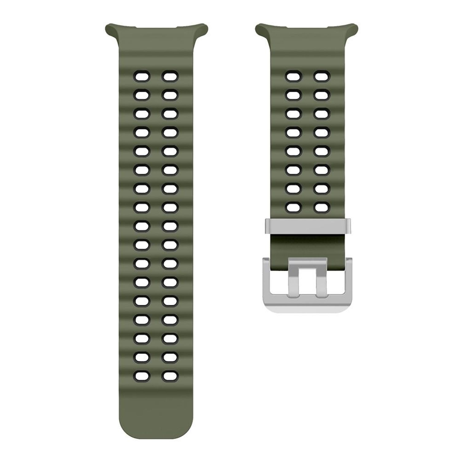 Zwei olivgrüne Uhrenarmbänder. Eines hat eine silberne Schnalle. Beide haben mehrere Löcher zur Verstellung.