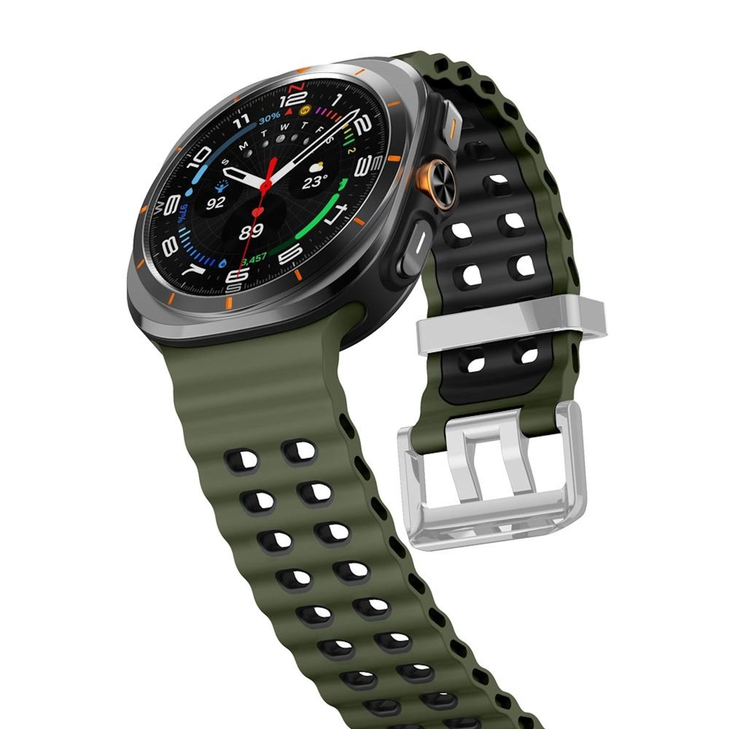 Eine Smartwatch mit grünem Armband. Das Zifferblatt zeigt Zeit, Temperatur und andere Daten. Das Armband hat Löcher.