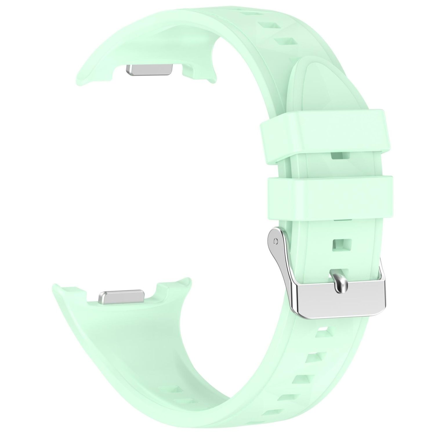 Ein hellgrünes Uhrenarmband mit silberner Schnalle. Das Armband ist gebogen und hat ein rechteckiges Design. Es ist auf weißem Hintergrund.