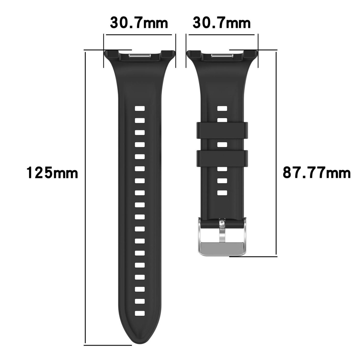 Zwei schwarze Uhrenarmbänder mit Maßen. Eines ist 125 mm lang, das andere 87,77 mm. Beide sind 30,7 mm breit.