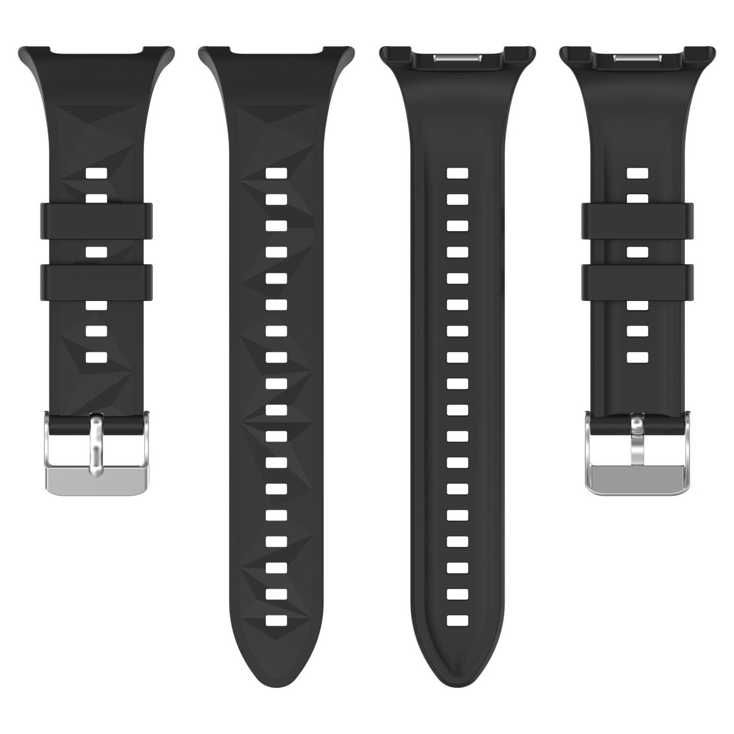 Vier schwarze Uhrenarmbänder mit silbernen Schnallen. Zwei Armbänder haben geometrische Muster, die anderen eine glatte Oberfläche.