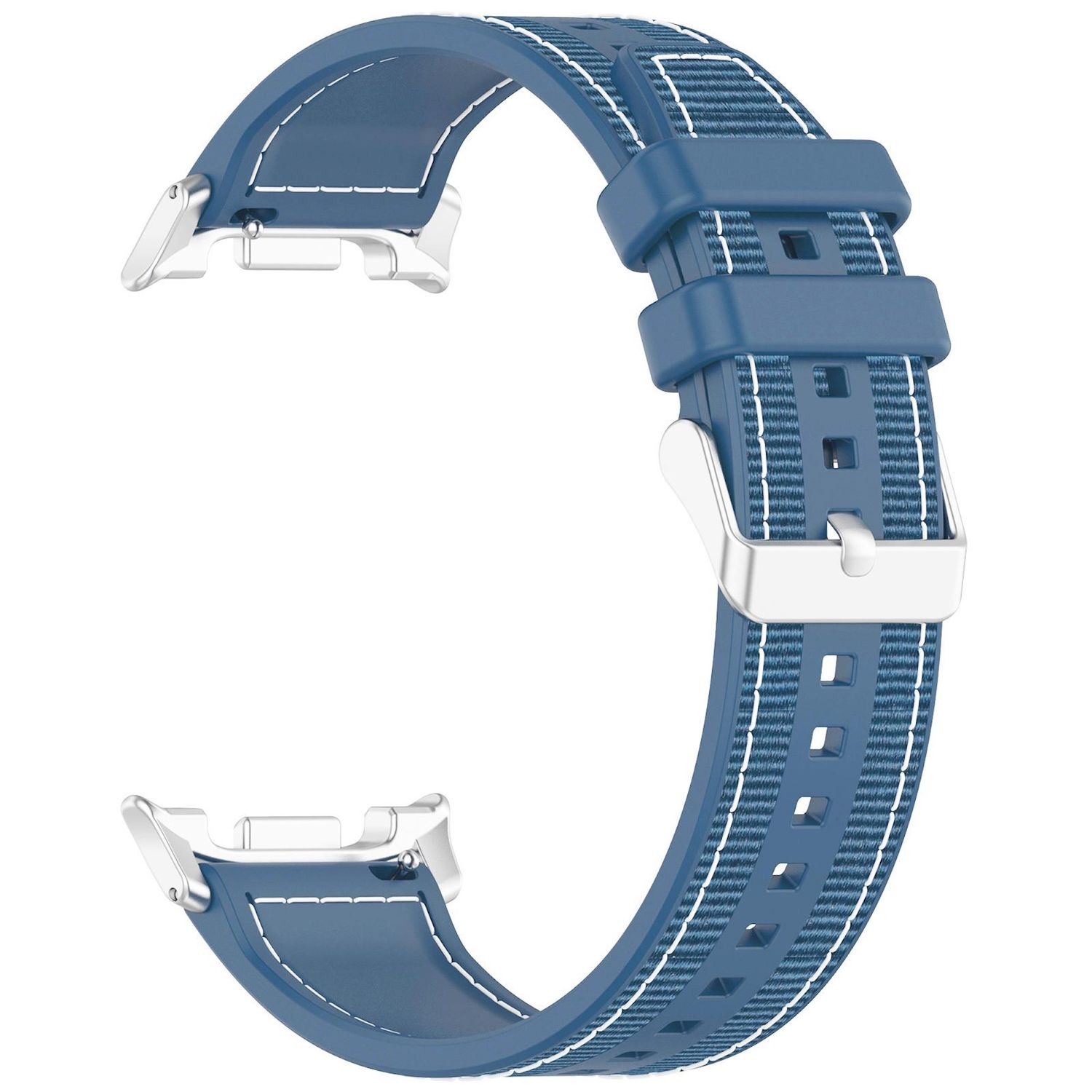 Ein blaues Armband mit weißen Nähten und einer silbernen Schnalle. Das Armband ist gebogen und hat eine strukturierte Oberfläche.