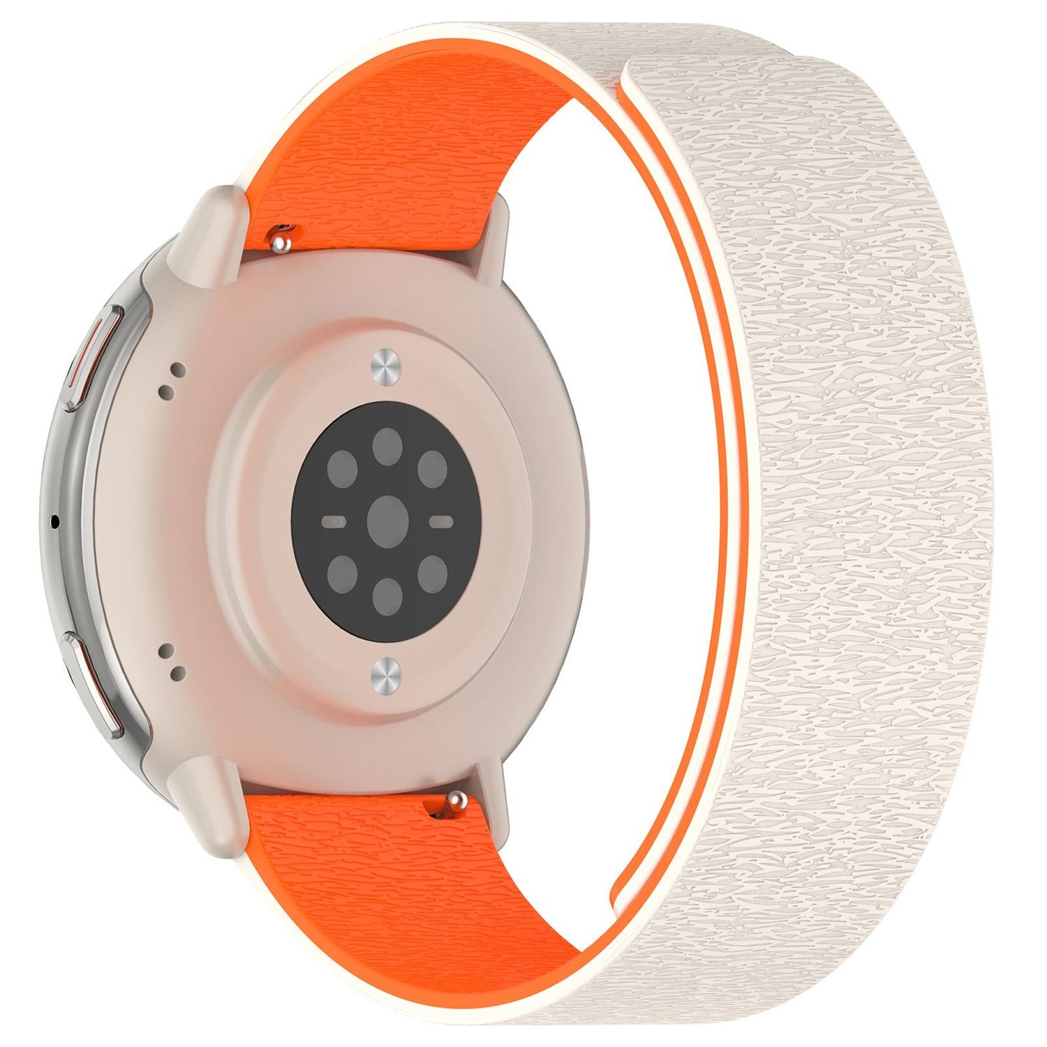 Eine Smartwatch mit beigem Gehäuse und einem orange-weißen Armband. Die Unterseite der Uhr zeigt Sensoren. Das Armband ist teilweise abgenommen.
