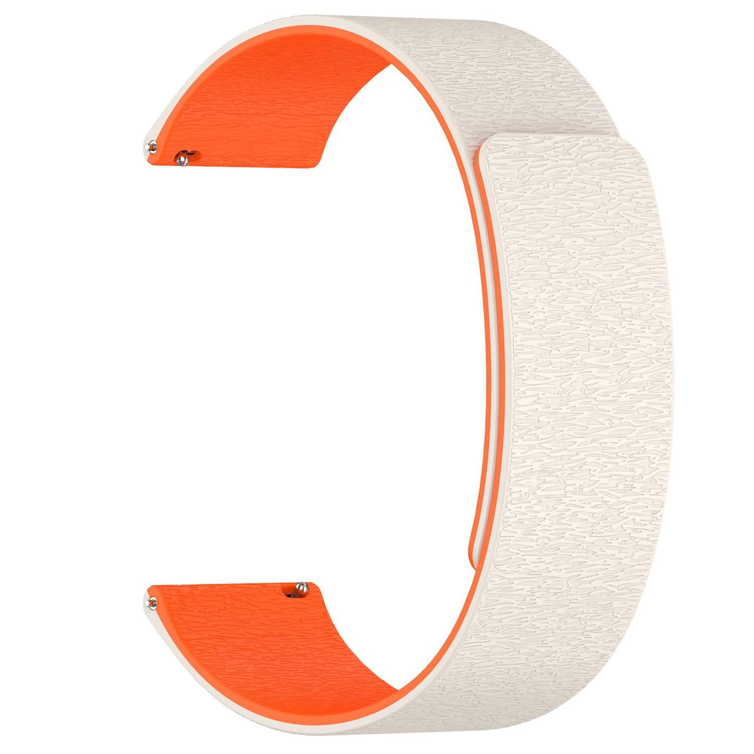 Ein gebogenes Uhrenarmbandteil. Es ist weiß mit einem strukturierten Muster auf der Außenseite und orange auf der Innenseite.