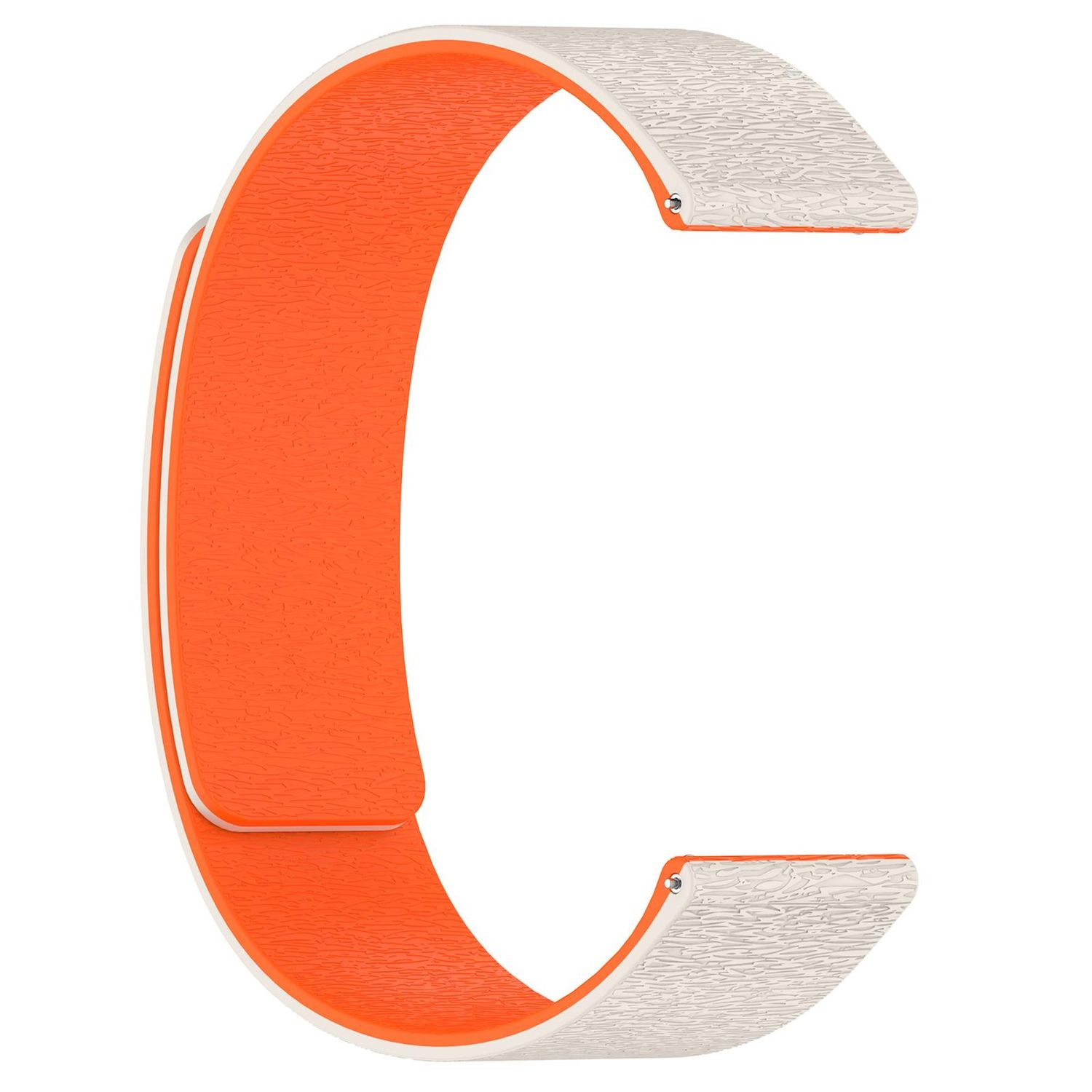 Ein orange-weißes Uhrenarmband. Die Innenseite ist orange mit einem strukturierten Muster, die Außenseite ist weiß mit Textur.