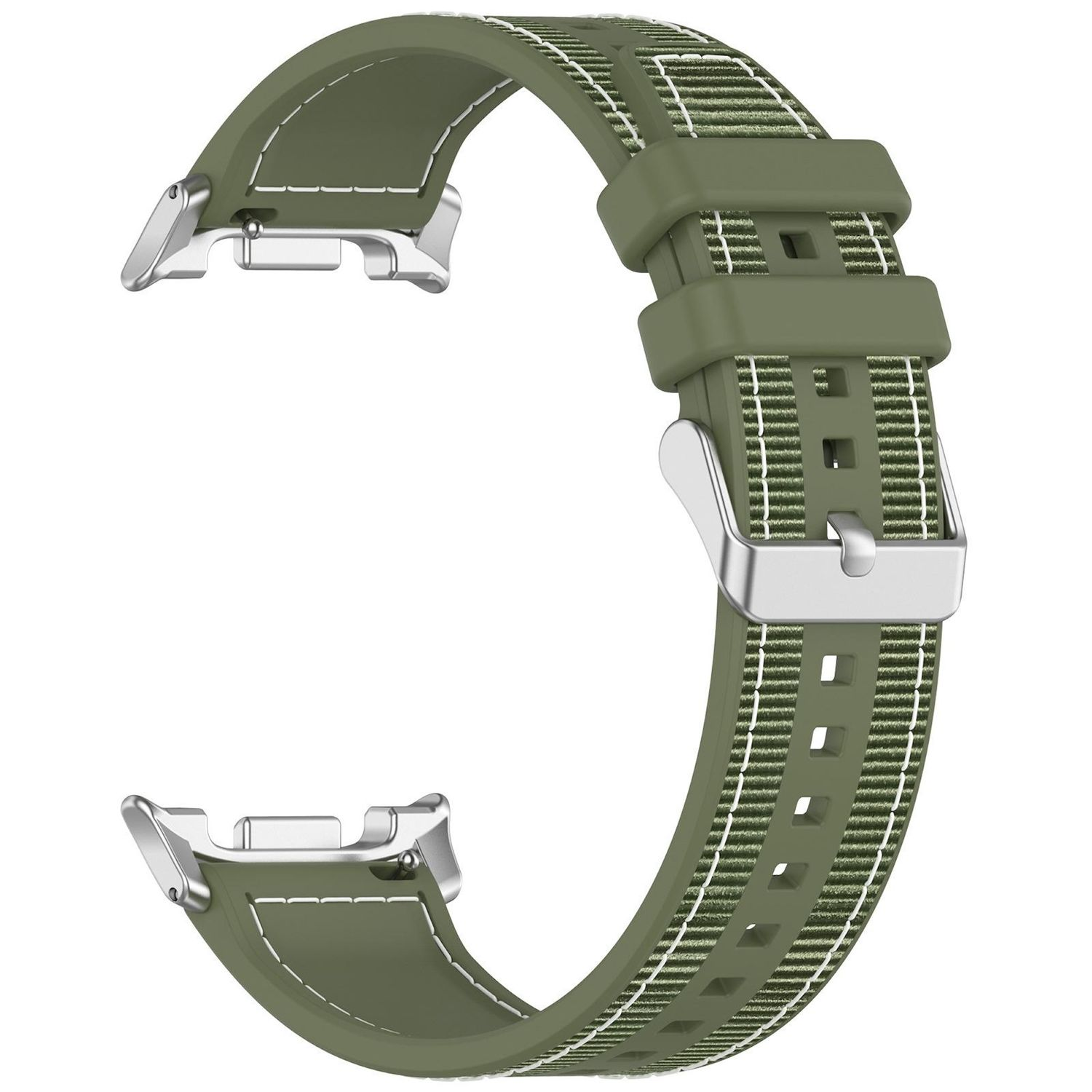 Ein olivgrünes Uhrenarmband mit Metallverschluss. Das Armband hat eine stoffartige Textur mit weißen Nahtdetails.