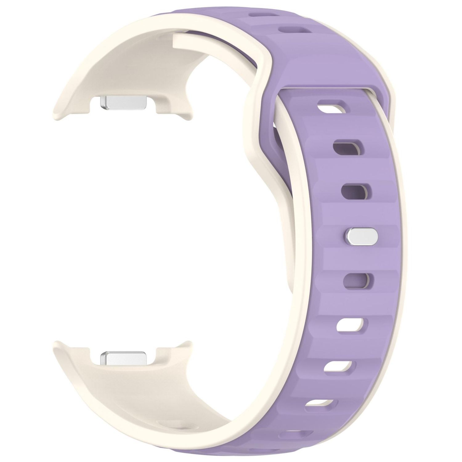 Un cinturino curvo per orologio. È bianco all'esterno e viola al centro. Ha dei fori e un pezzo di metallo argentato.