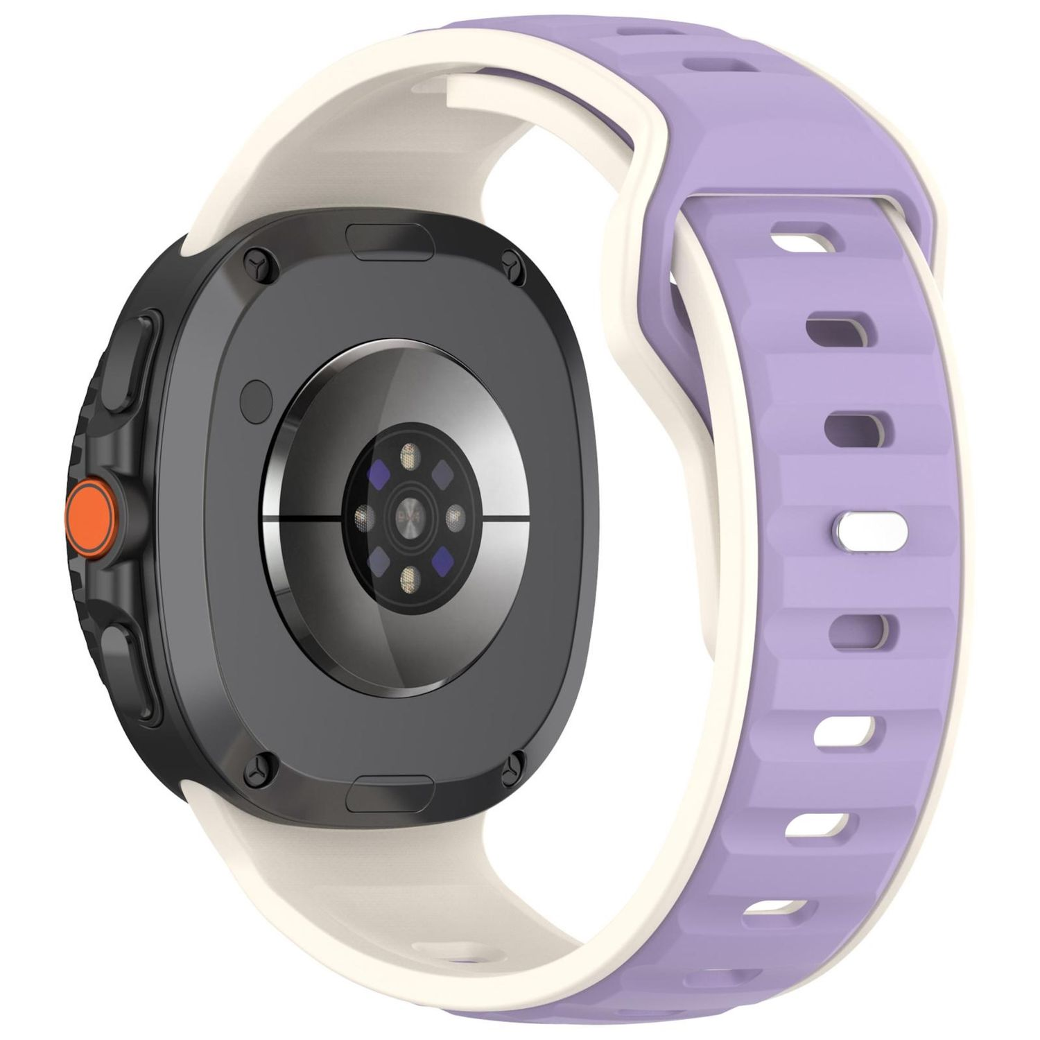 Uno smartwatch nero con cinturino viola e bianco. Il retro dell'orologio ha sensori. Un pulsante arancione è visibile sul lato.
