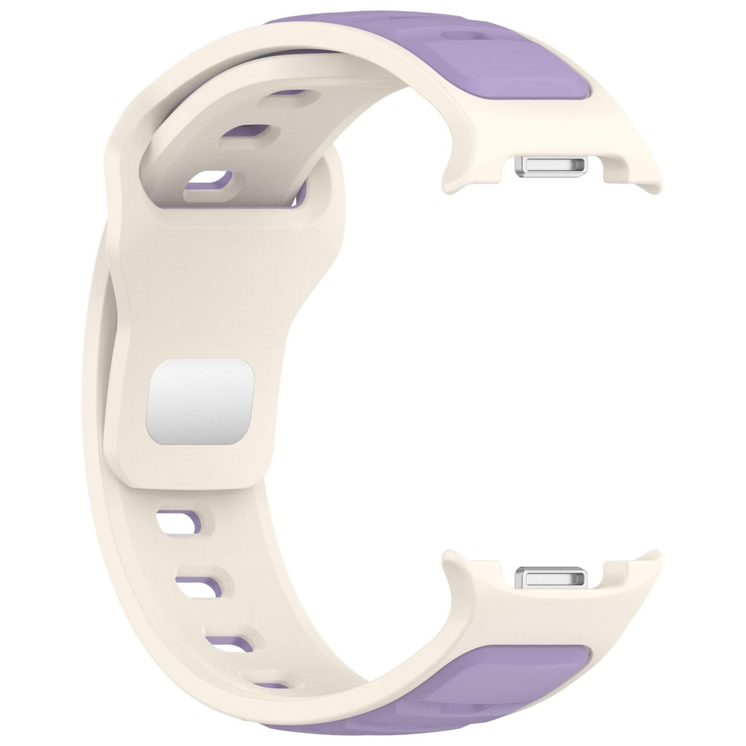 Un cinturino color crema chiaro con inserti lavanda, un elemento quadrato argentato e diversi piccoli fori.