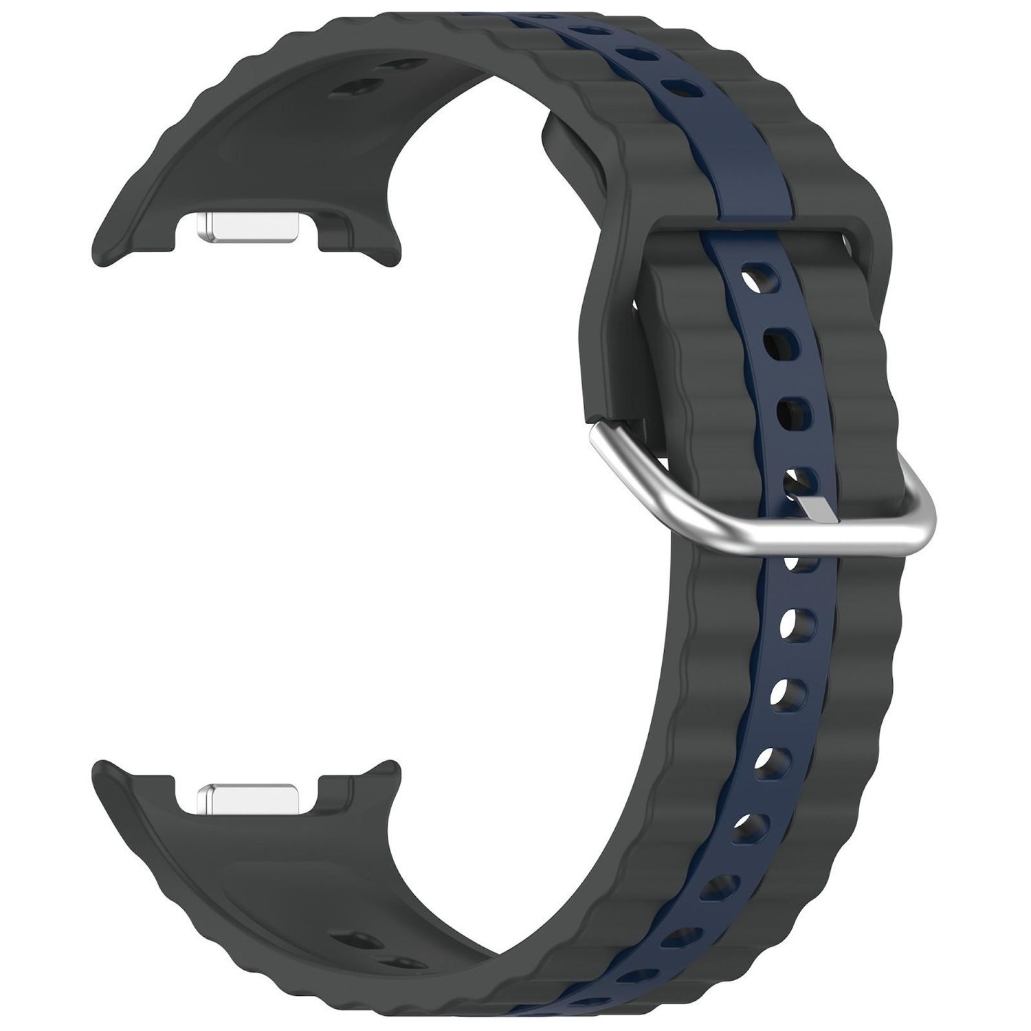 Ein schwarzes und blaues Uhrenarmband. Das Band ist gewellt, mit einem blauen Streifen in der Mitte und einer silbernen Schnalle.