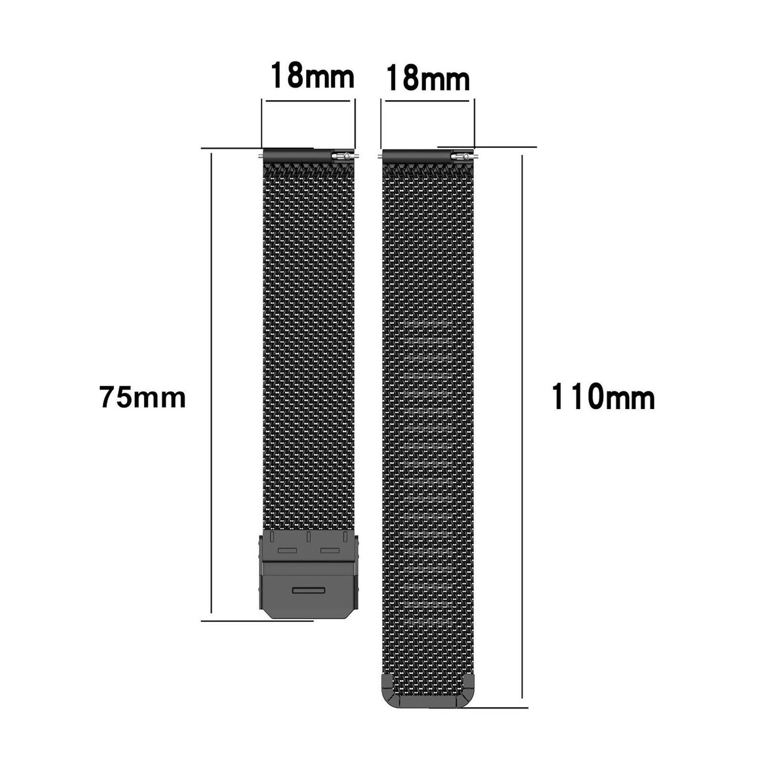 Zwei Uhrenarmbänder mit Maßen: 18 mm Breite, 75 mm Länge und 110 mm Länge. Feines Mesh-Muster, schwarze Farbe, auf weißem Hintergrund.