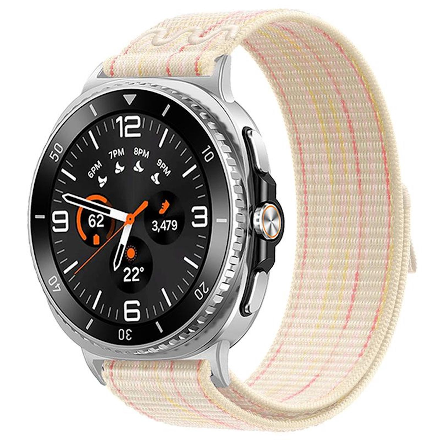 Eine silberne Smartwatch mit cremefarbenem Armband. Das Zifferblatt zeigt Zahlen, Indikatoren und Messwerte. Das Band hat rosa und gelbe Streifen.