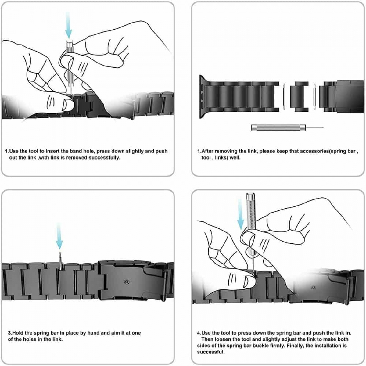 Anleitung zum Entfernen und Einsetzen von Uhrenarmbandgliedern. Ein Werkzeug wird zum Entfernen und Einsetzen von Gliedern verwendet. Die Schritte werden in Bildern gezeigt.
