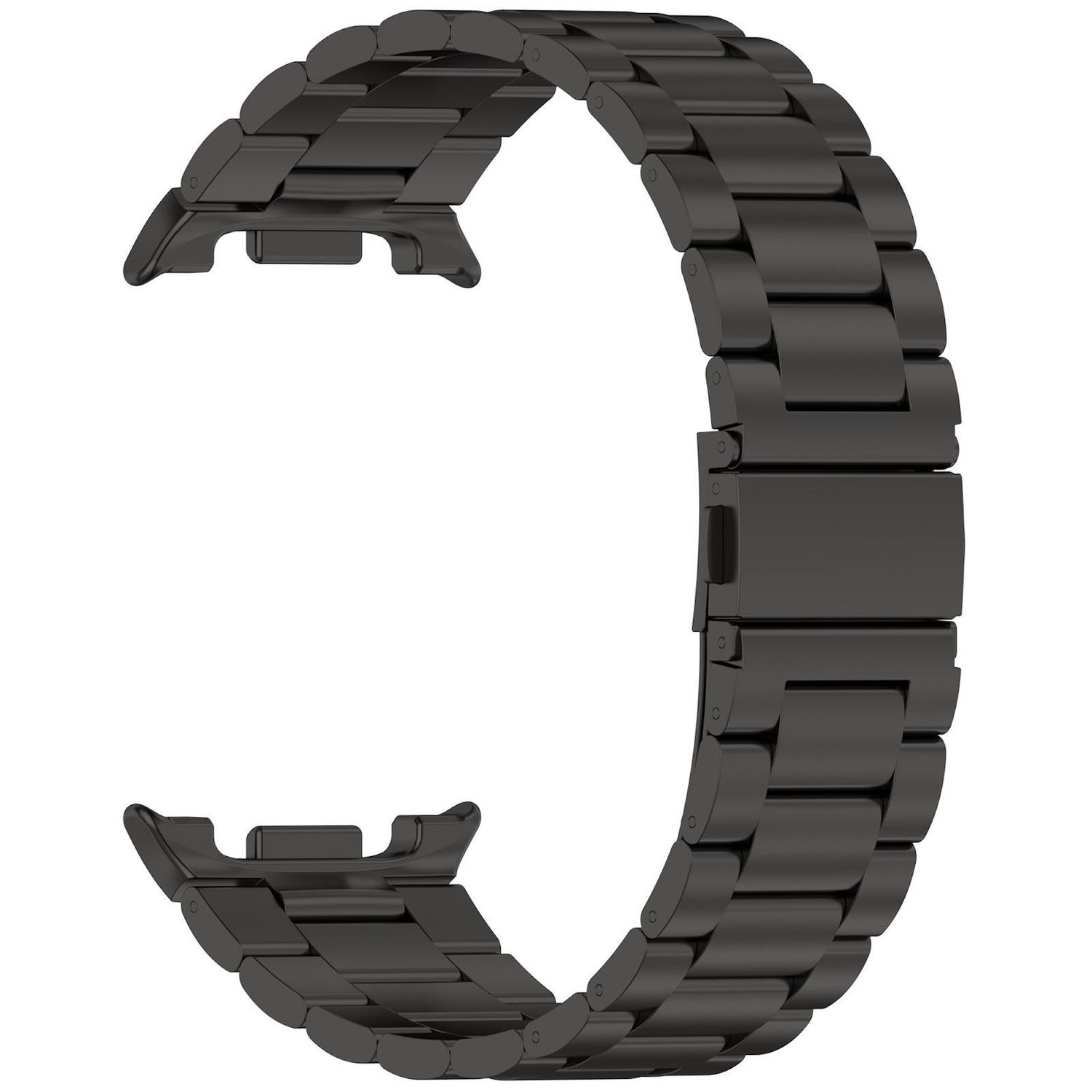 Ein schwarzes Metall-Uhrenarmband, C-förmig gebogen. Es hat rechteckige Glieder und einen Verschluss. Das Uhrenarmband ist vor weißem Hintergrund.