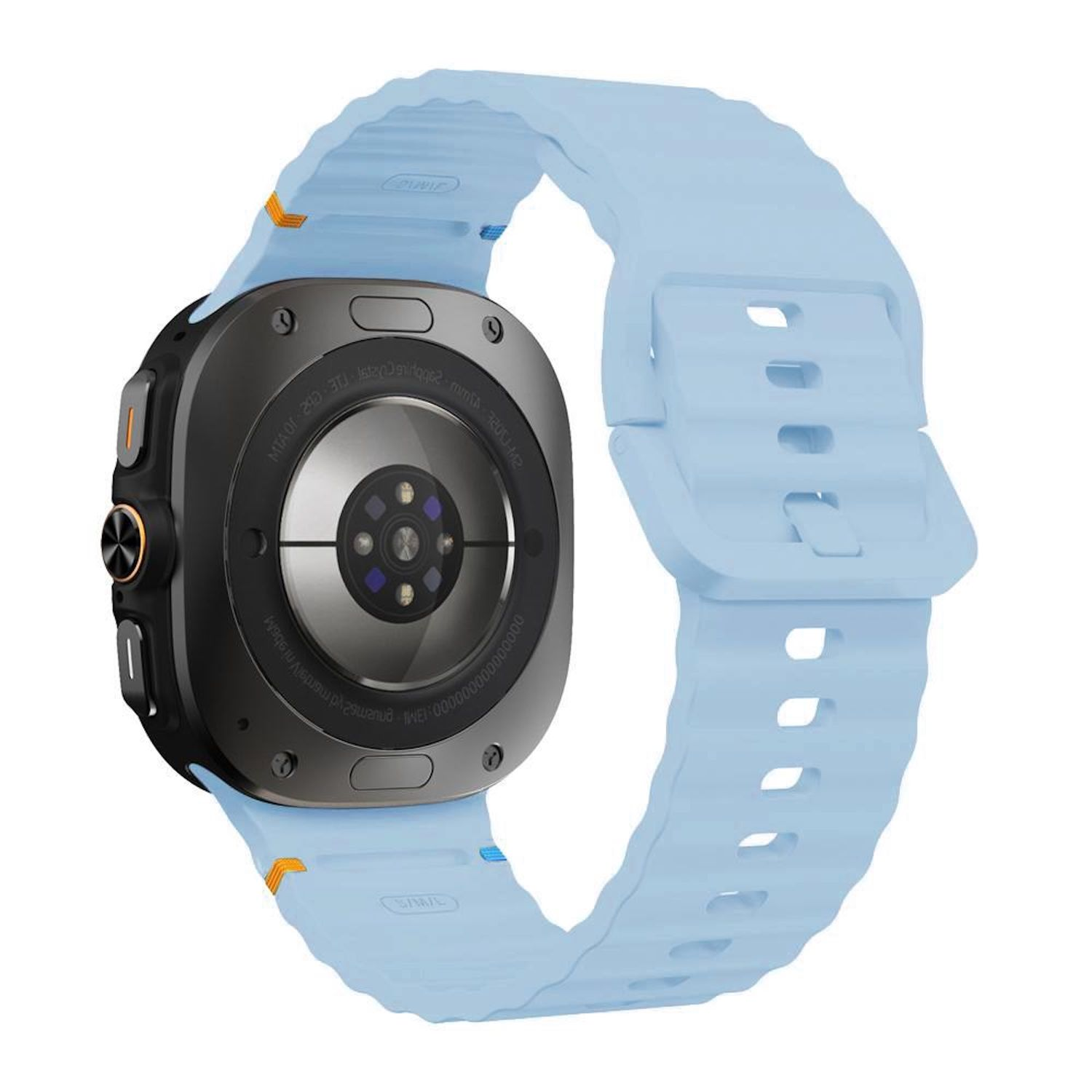 Eine schwarze Smartwatch mit hellblauem Armband. Das Zifferblatt ist sichtbar, und das Armband ist abgenommen.