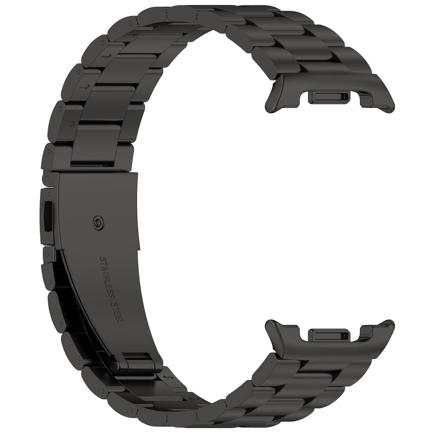 Ein schwarzes Edelstahl-Uhrenarmband liegt vor weißem Hintergrund. Das Armband hat einen Verschluss und gebogene Glieder.