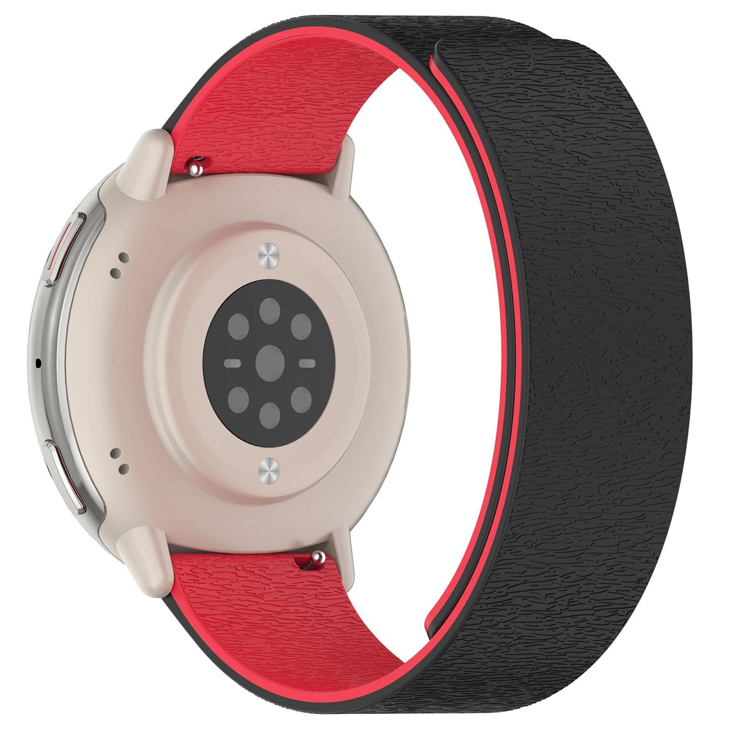 Eine Smartwatch mit cremefarbenem Rücken und rotem und schwarzem Armband. Das Armband umschließt die Uhr.