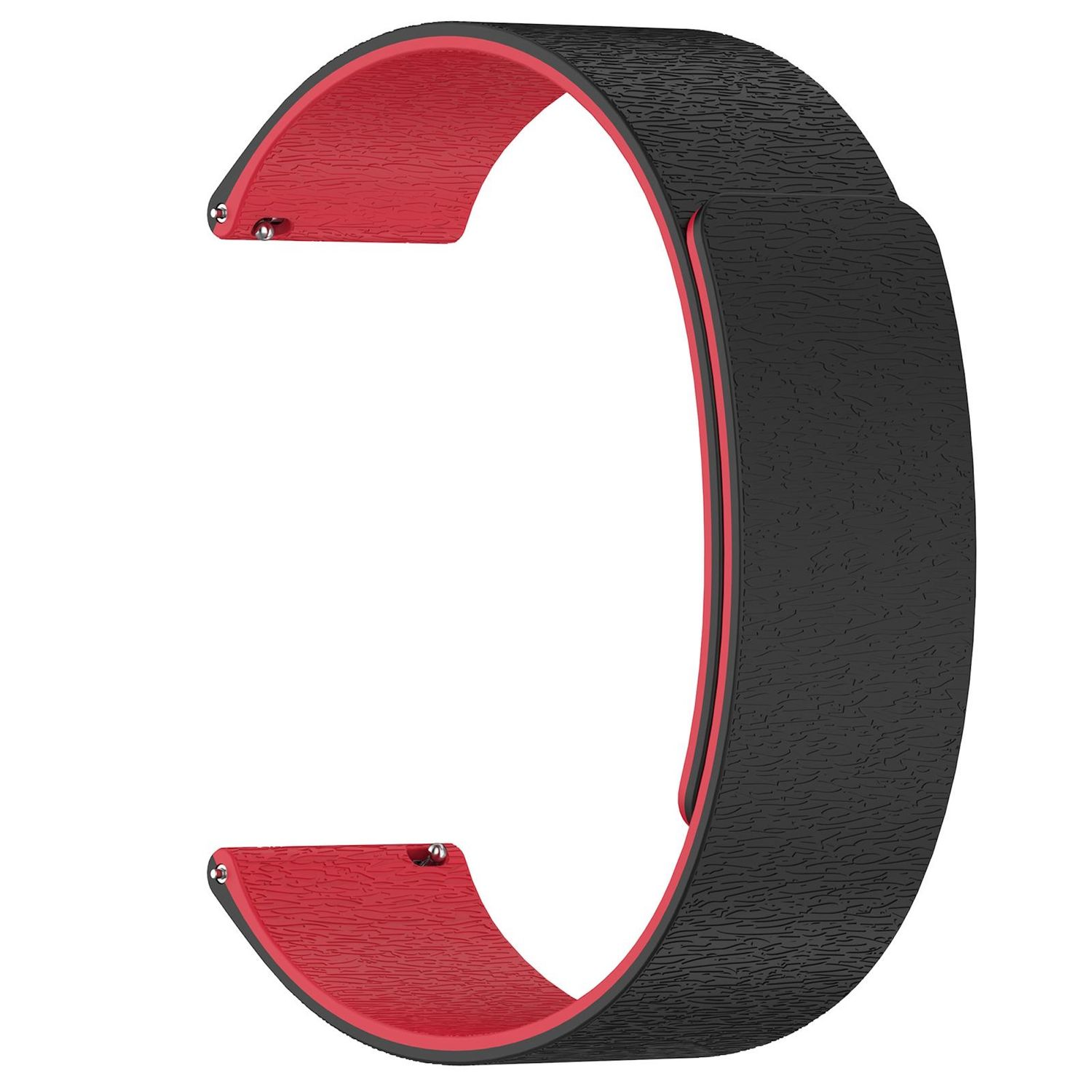 Ein schwarz-rotes Uhrenarmband. Das Band ist C-förmig, mit einer strukturierten schwarzen Außenseite und einer glatten roten Innenseite.