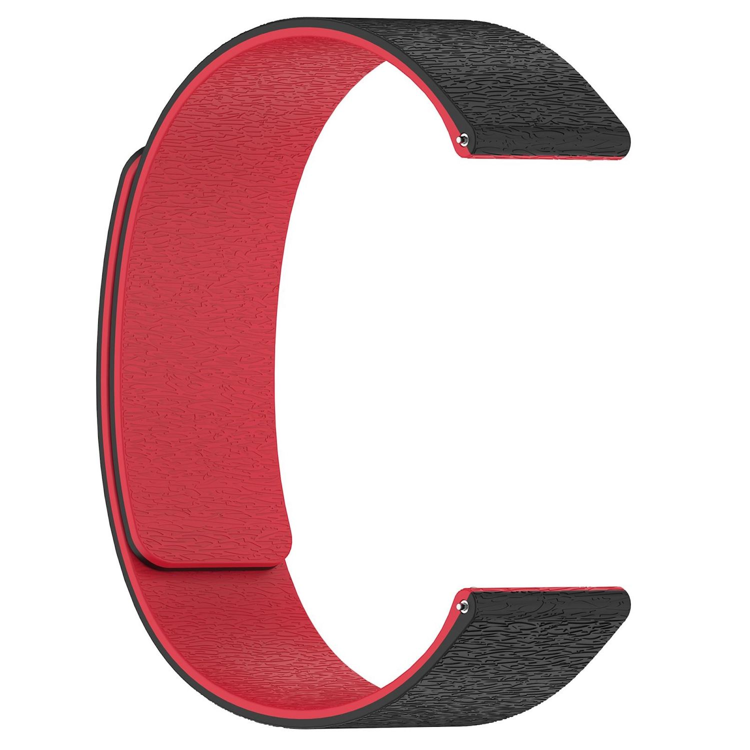 Ein rotes und schwarzes Armband. Der rote Teil ist strukturiert, und die schwarzen Enden haben eine strukturierte Oberfläche mit Metallverschlüssen.