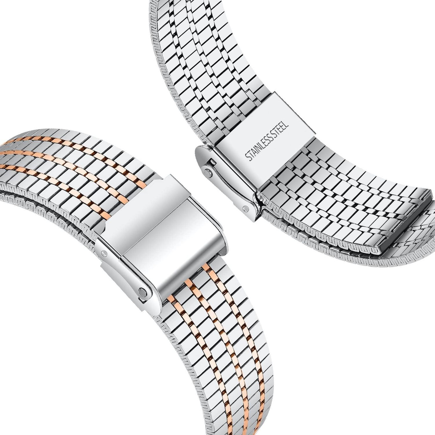 Zwei silberne Edelstahl-Uhrenarmbänder mit goldenen Akzenten sind abgebildet. Ein Band ist geschlossen, das andere offen, vor weißem Hintergrund.