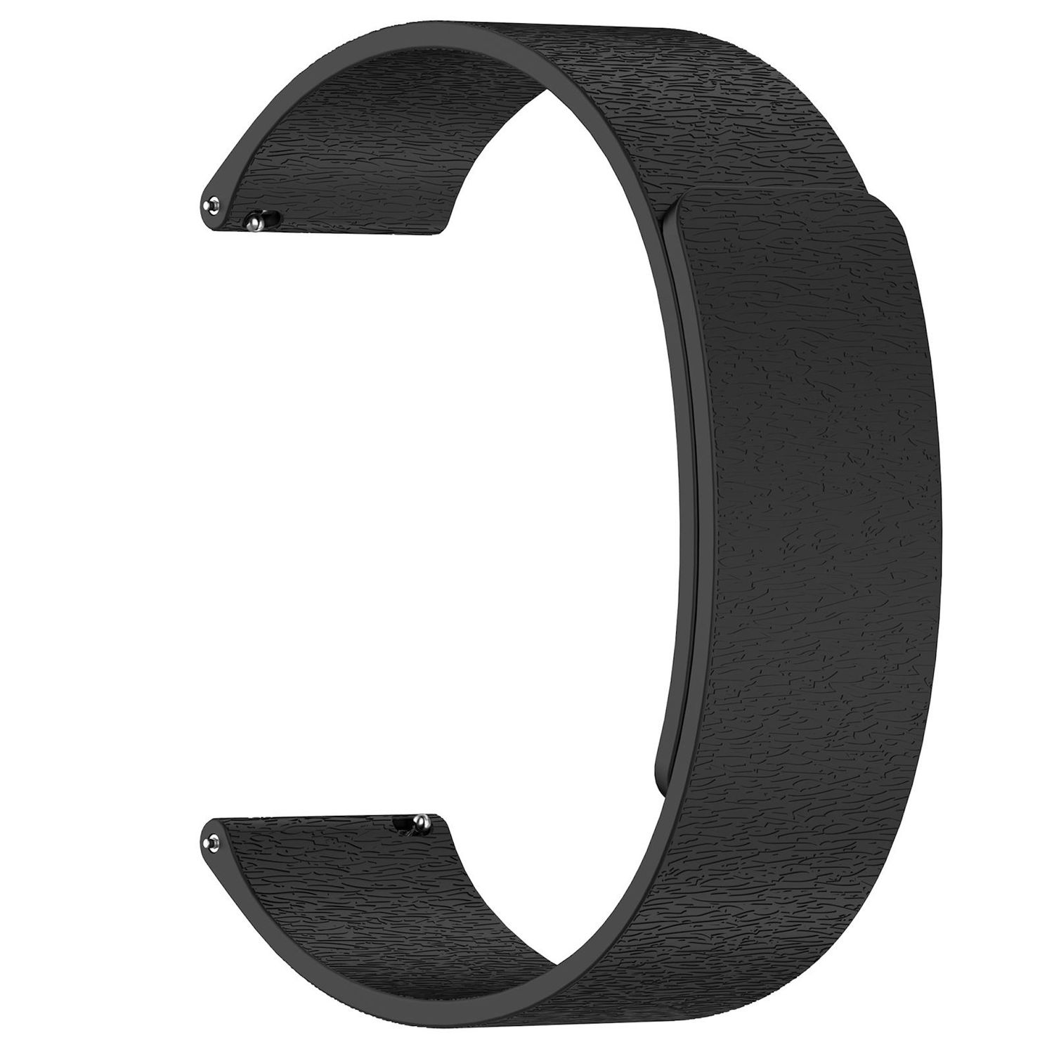 Ein schwarzes, gebogenes Uhrenarmband. Es hat eine strukturierte Oberfläche und zwei kleine Befestigungspunkte mit silbernen Stiften.