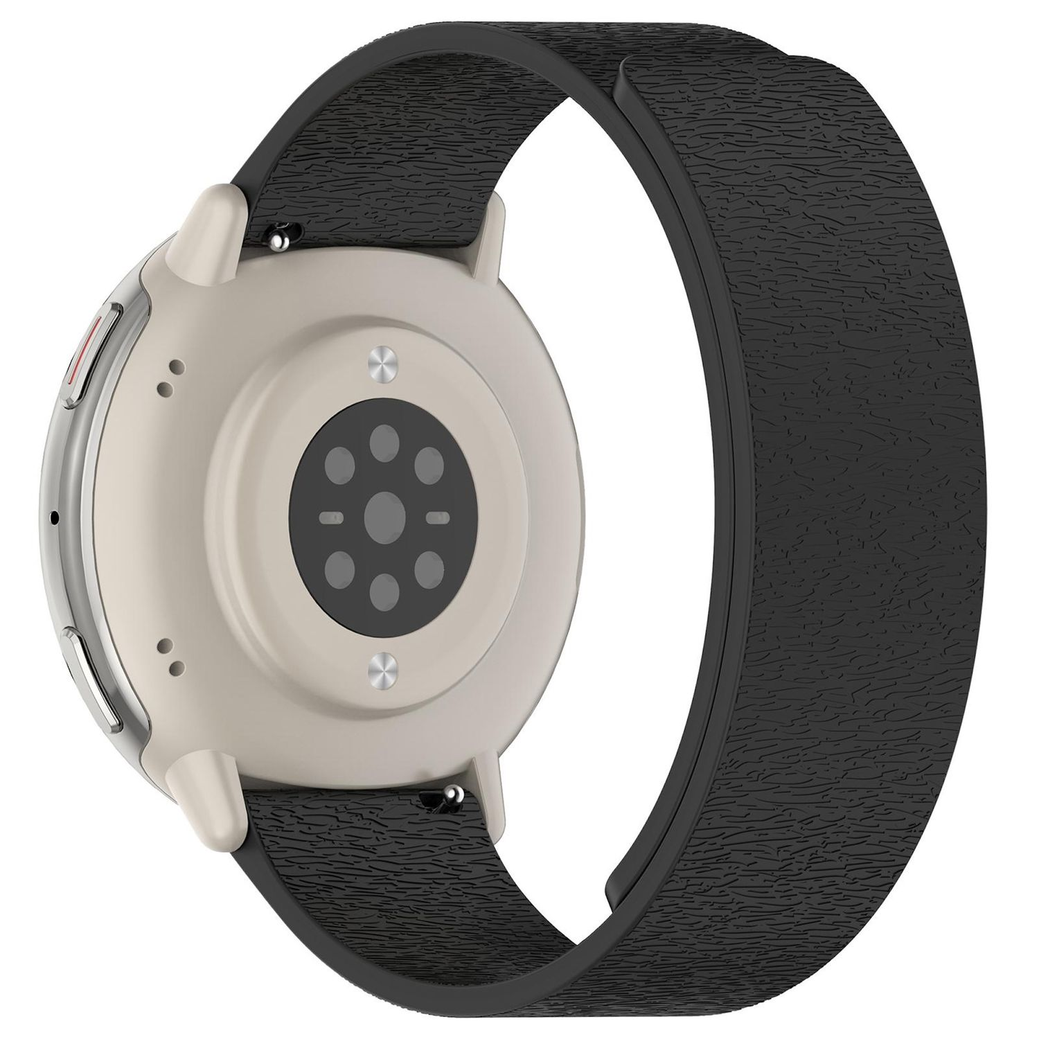 Nahaufnahme einer Smartwatch. Die Uhr ist beige mit einem schwarzen Armband. Das Armband hat ein strukturiertes Muster.