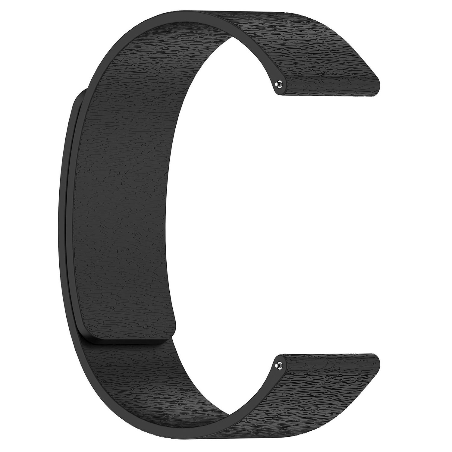 Ein gebogenes schwarzes Uhrenarmband mit strukturierter Oberfläche und zwei Metallstifthaltern. Isoliert auf weißem Hintergrund.