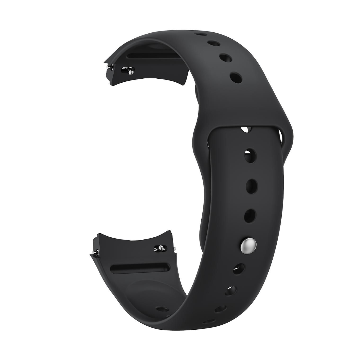 Ein schwarzes Armband, gebogen mit Löchern und einer Schnalle. Das Band ist einfarbig schwarz, mit glatter Textur.