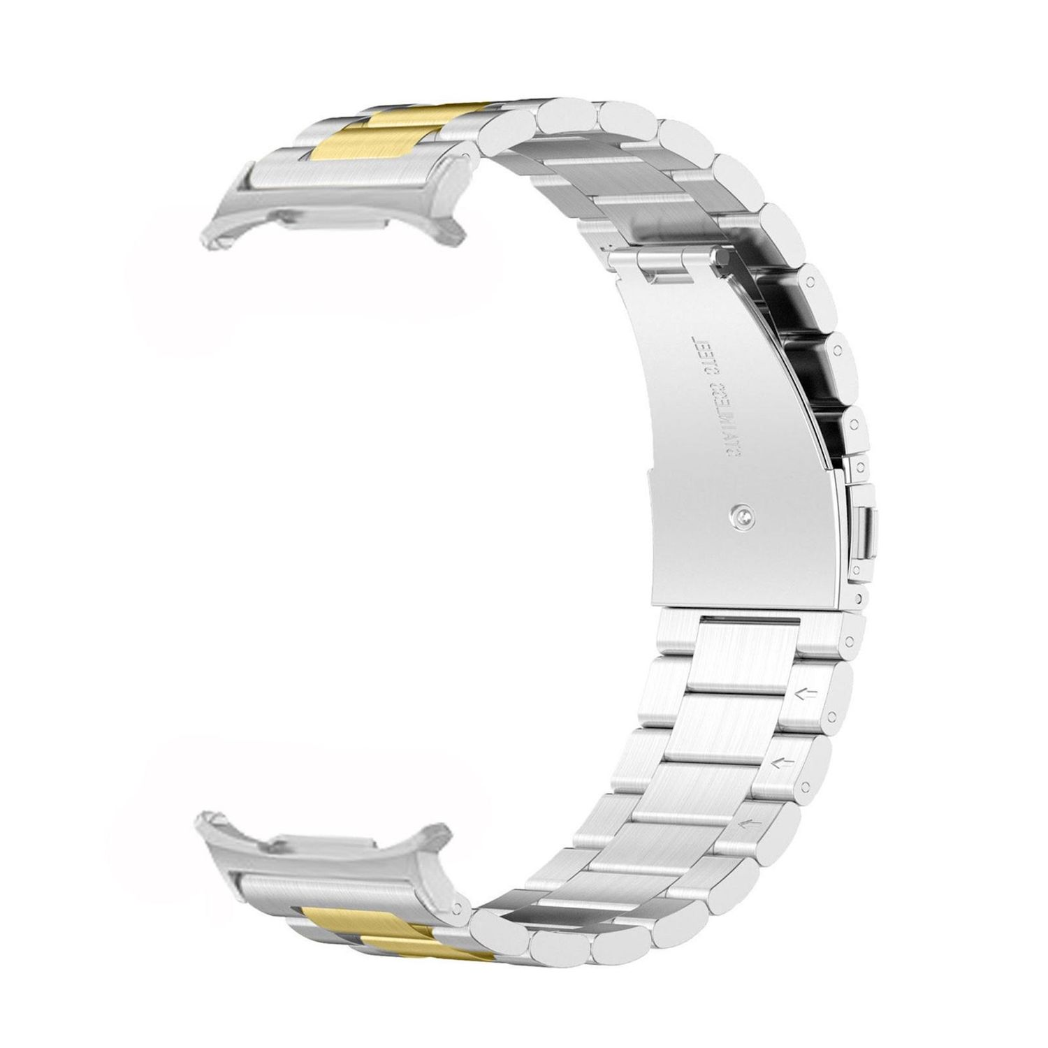 Ein Edelstahl-Uhrenarmband mit goldenen Akzenten. Es hat eine gebogene Form und der Text 'LEETO COB MILANO' ist sichtbar.
