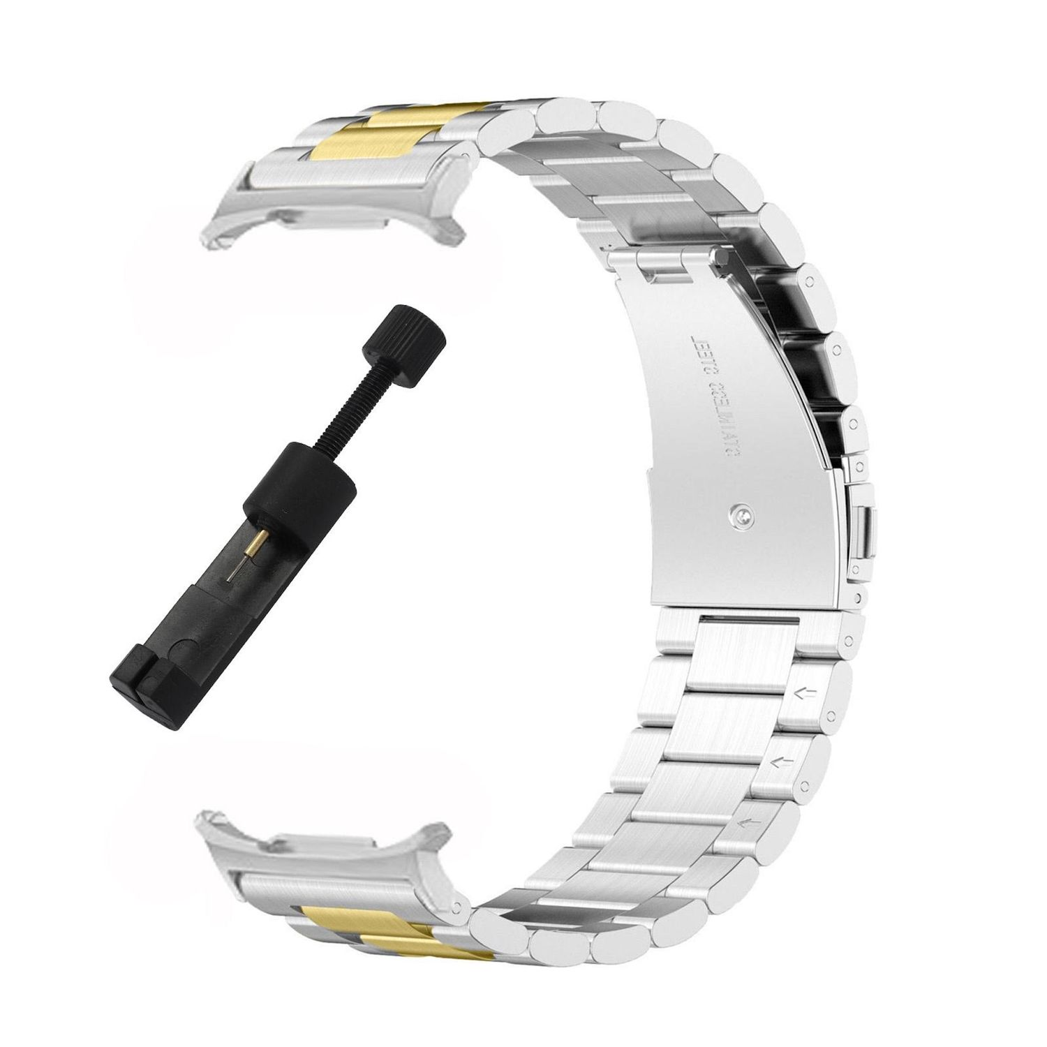 Ein silbernes und goldenes Uhrenarmband wird mit einem Werkzeug angezeigt. Das Armband ist gebogen und hat abnehmbare Glieder. Das Werkzeug ist schwarz.