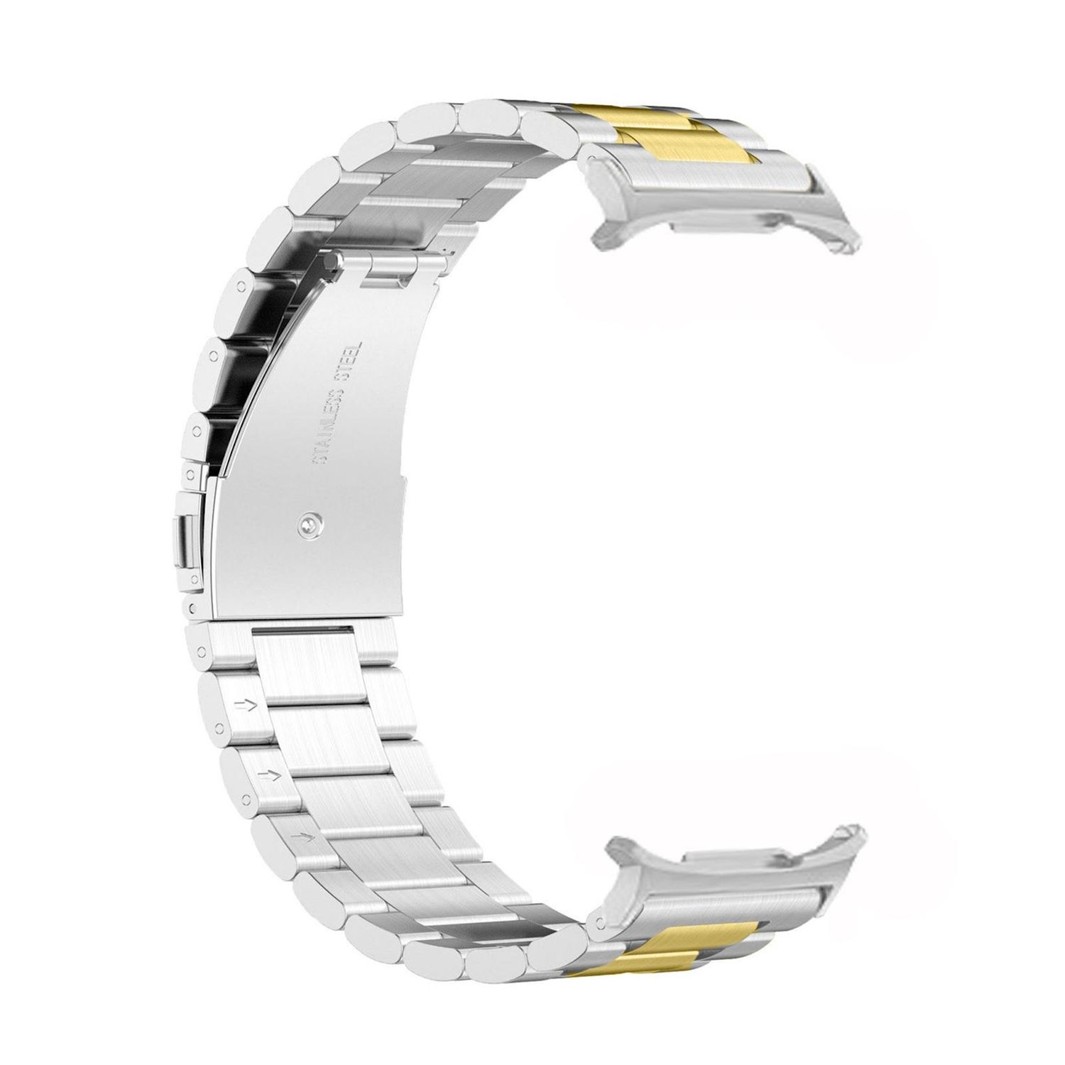Ein Edelstahl-Uhrenarmband mit goldenen Akzenten. Das Armband ist gebogen und hat eine gebürstete Metalloberfläche. Der Hintergrund ist weiß.