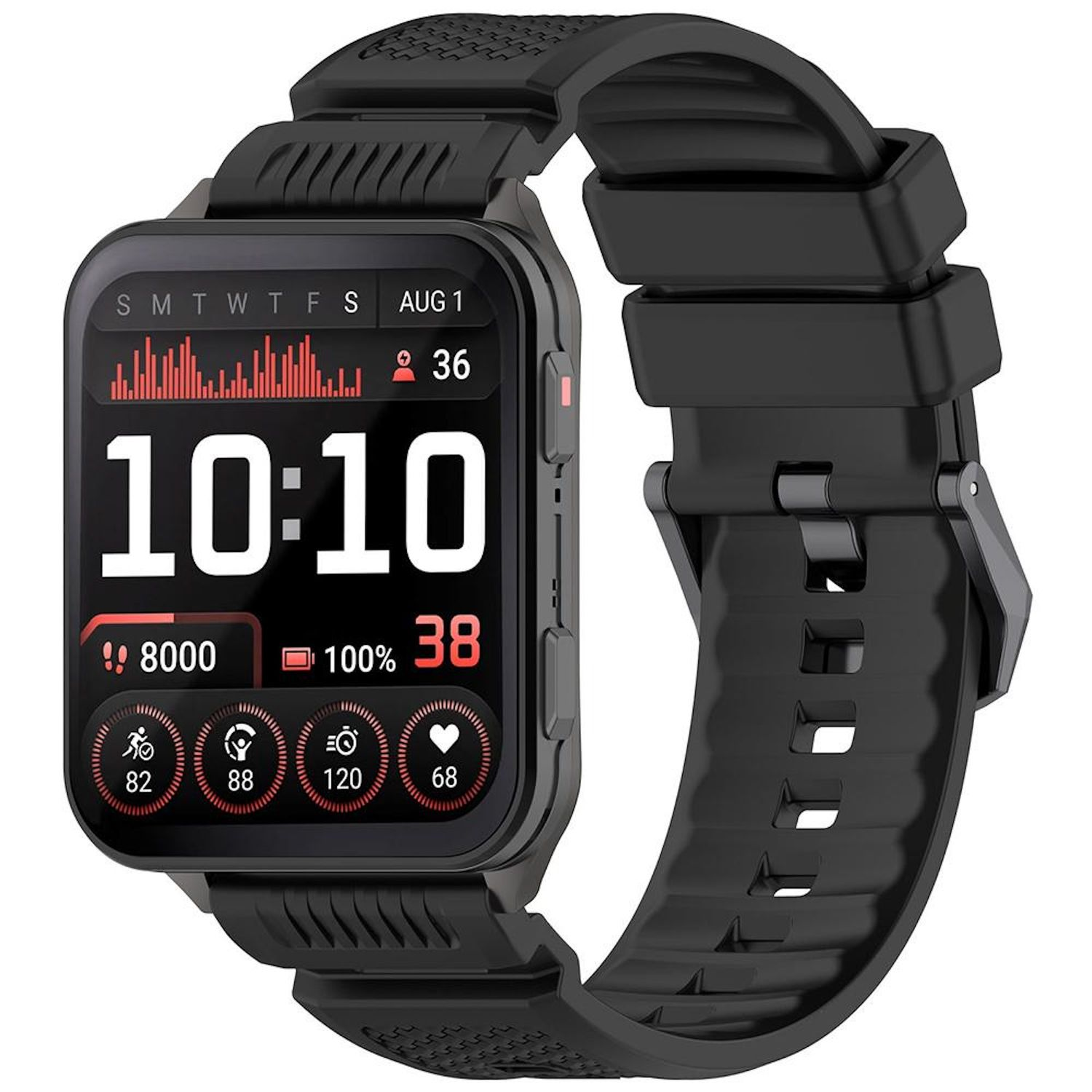 Eine schwarze Smartwatch zeigt Uhrzeit, Schritte und Gesundheitsmetriken an. Der Bildschirm zeigt 10:10, 8000 Schritte, 100% Akku und weitere Daten.