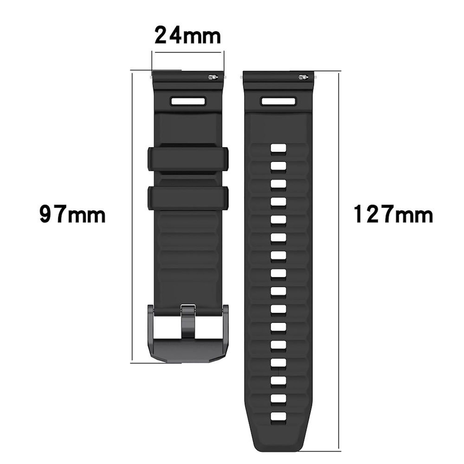 Zwei schwarze Uhrenarmbänder mit Maßen: 24 mm, 97 mm und 127 mm. Eines hat eine Schnalle, das andere Löcher zur Einstellung.