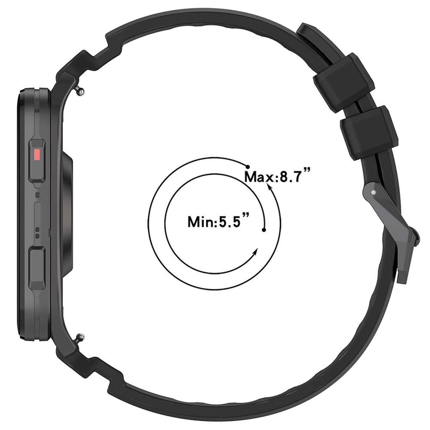 Eine schwarze Smartwatch, die die Seite mit einem Knopf und Armband zeigt. Ein Kreis zeigt Größen von 5,5" bis 8,7".