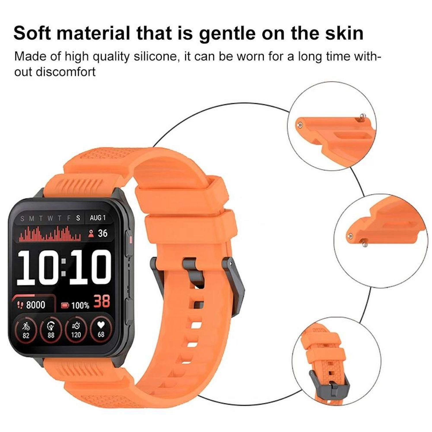 Eine orangefarbene Smartwatch mit schwarzem Bildschirm. Der Bildschirm zeigt Uhrzeit, Datum und Gesundheitsmetriken an. Drei Nahaufnahmen.