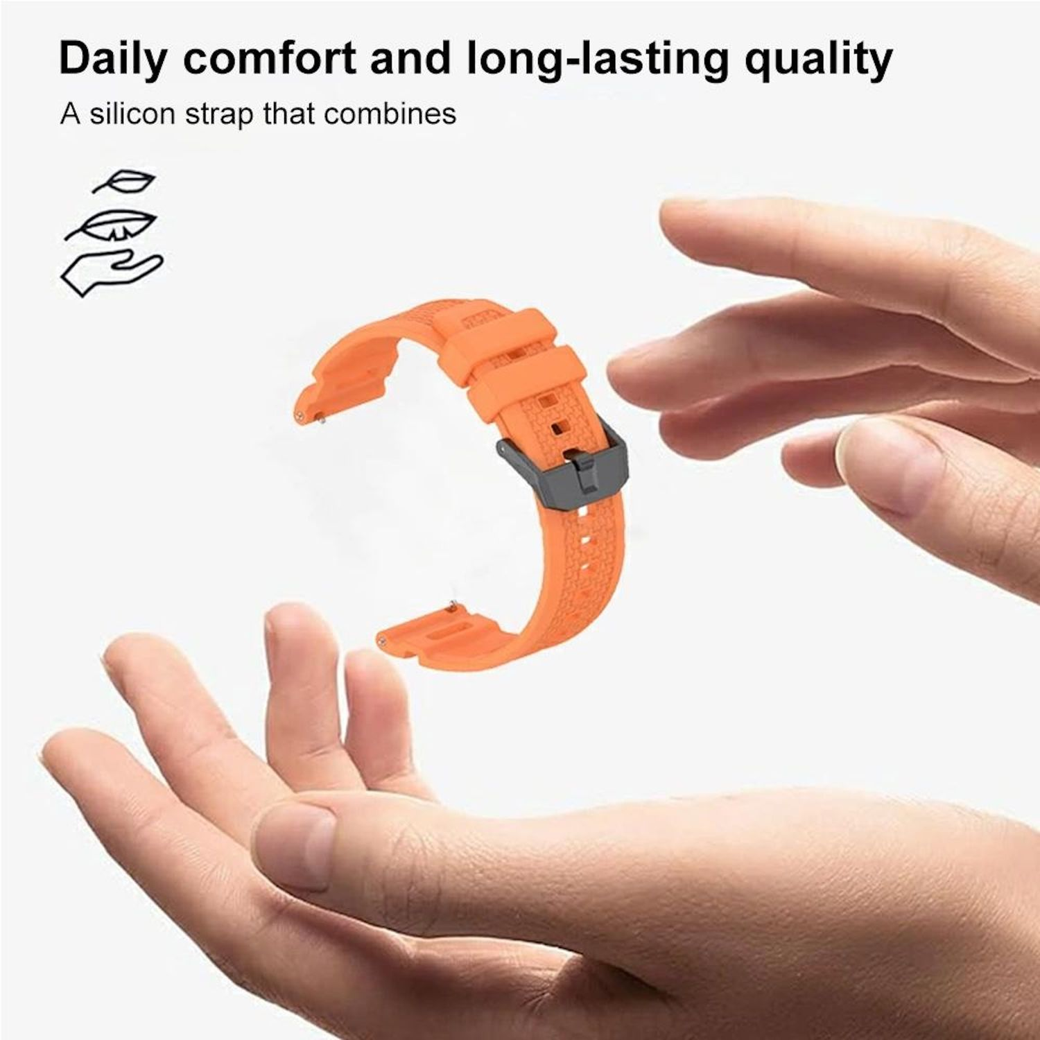 Ein orangefarbenes Silikon-Uhrenarmband wird zwischen zwei Händen gehalten. Das Armband hat einen grauen Verschluss. Der Hintergrund ist weiß.